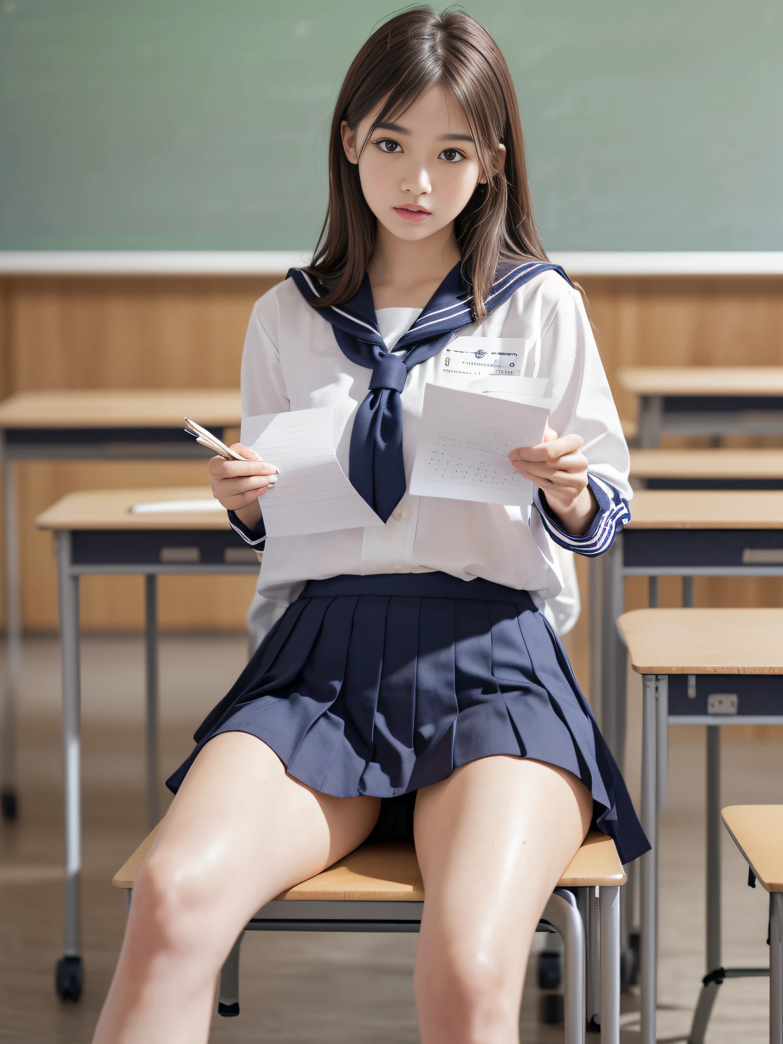 alone、high school girl、natural body shape、white skin、natural makeup、black hair、bangs、straight long hair、lift the skirt、high school uniform、navy pleated skirt、Please sit down、open your legs、big breasts、Small size pure white panties、((The upper body is wearing a uniform))、school classroom、looking at the camera、white socks、black loafers、full body photo