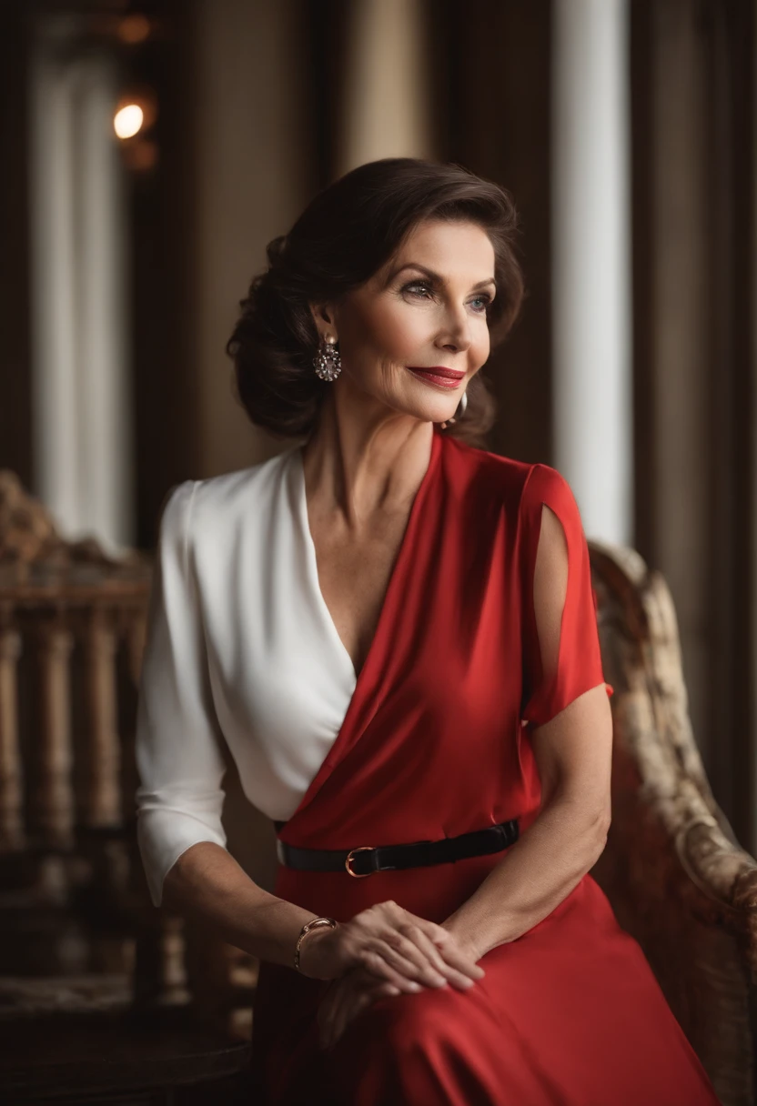 ,beautiful mature、、Stand confidently、Self-confident、 pretty eyes、exquisite facial features、Stylish and generous、Elegant and decent、 confident demeanor、hands crossed,Face forward、 well trimmed、fashion innovation、A hairstyle that exudes the charm of mature women