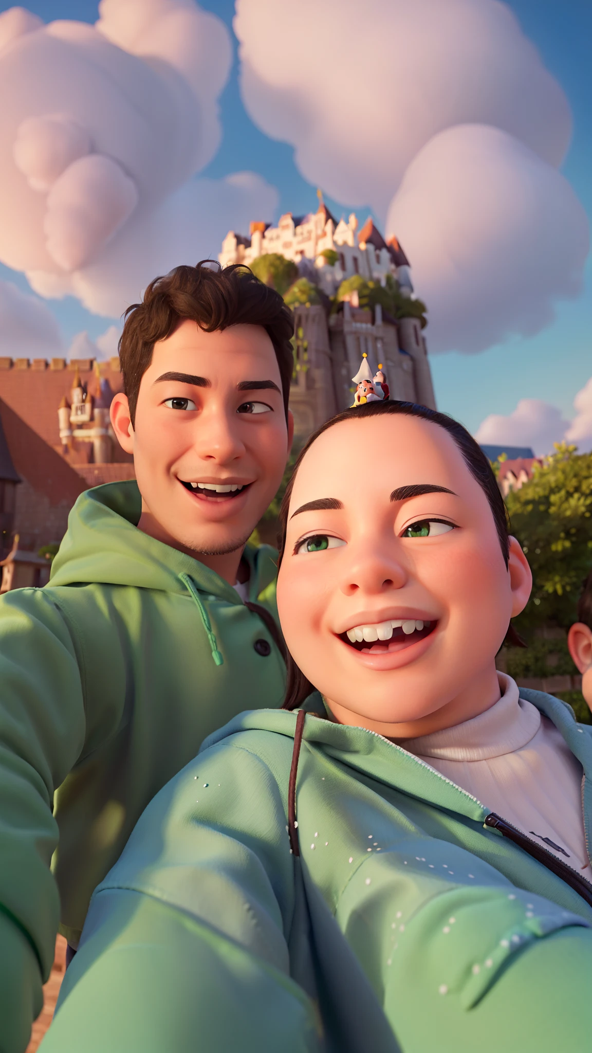 (masterpiece, high quality:1.3), disney pixar style, cute, beautiful and adorable young couple, one man mixed race, green raincoat, and one chubby white woman, (loocking at viewer), happy, laughing, with a castle in the background