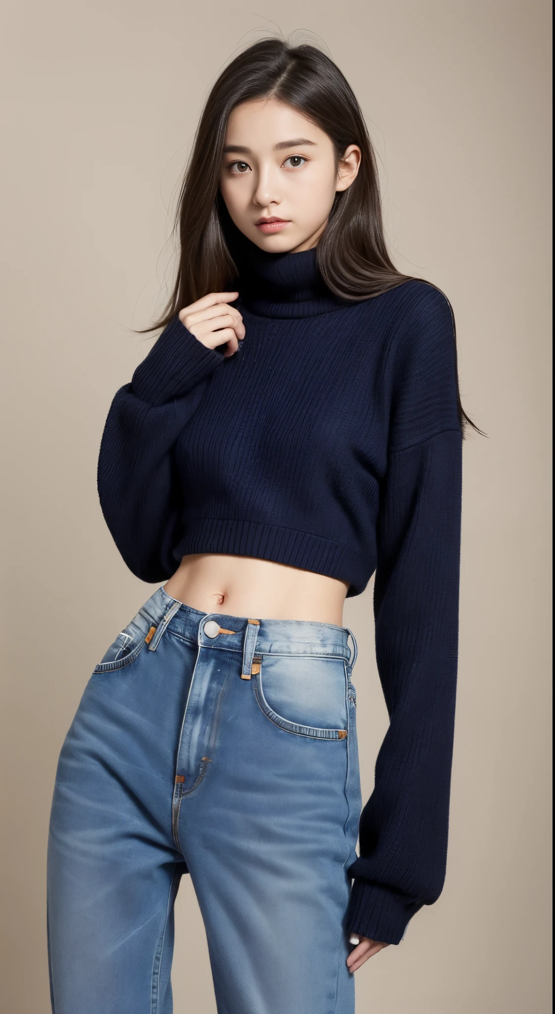 ((of the highest quality, 8K, masutepiece: 1.3)), Beauty, 1 Japan Girl, Big: 1.3, dark brown hair, (Open legs: 1.2), detailed face, very detailed lips, Detailed eyes, Double eyelids, Knit: 1.5, sexy, (wide shot: 1.5), under wear, panty, simple background