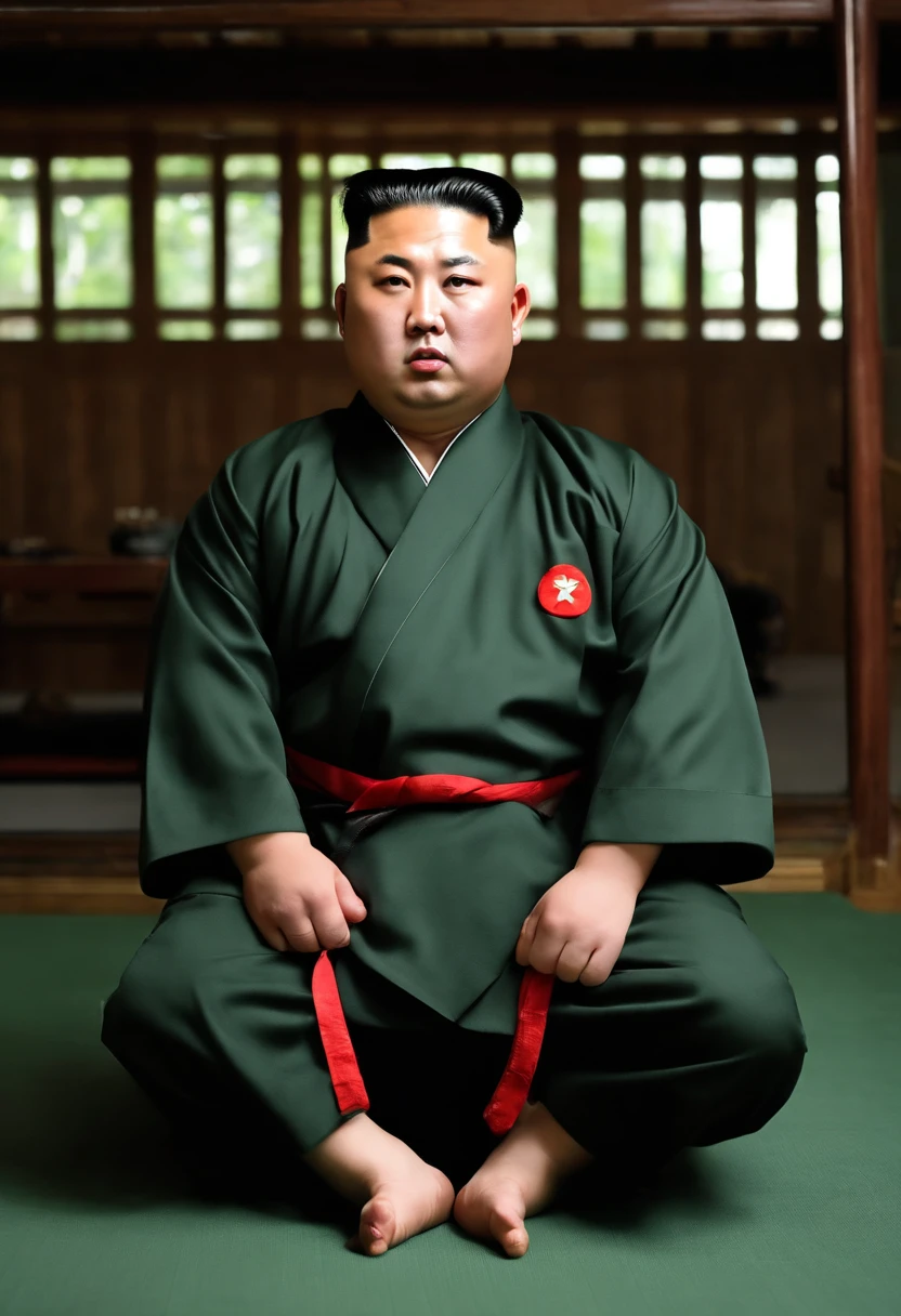 A photo of Kim Jong-un in a traditional Korean martial arts dojo,original,Kim Jong-un, the North Korean leader, is known for his distinctive appearance: a round face, a distinctive haircut with shaved sides and longer hair on top, and a stocky build. He is often seen in public wearing suits or military-style attire, which adds to his authoritative image.