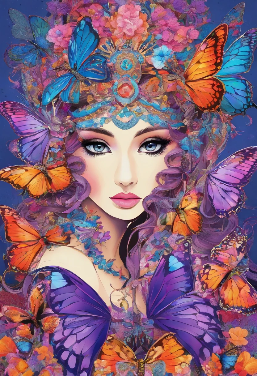 Butterfly motif、Purple and blue tones、Vibrant colors、((​masterpiece)))、(((top-quality)))、((ultra-detailliert))、(A hyper-realistic)、(highly detailed CGillustration）、From the right side、Official art、Milan at the beginning of the 20th century、Decadent、Madame Papillon、Masquerade、refinement、Elegance、Gorgeous、Masks that cover most of the face、Colorful and detailed mask design、matchless beauty、Fans、gorgeous dress、jewely、Perfect Angle、perfect-composition。full body Esbian