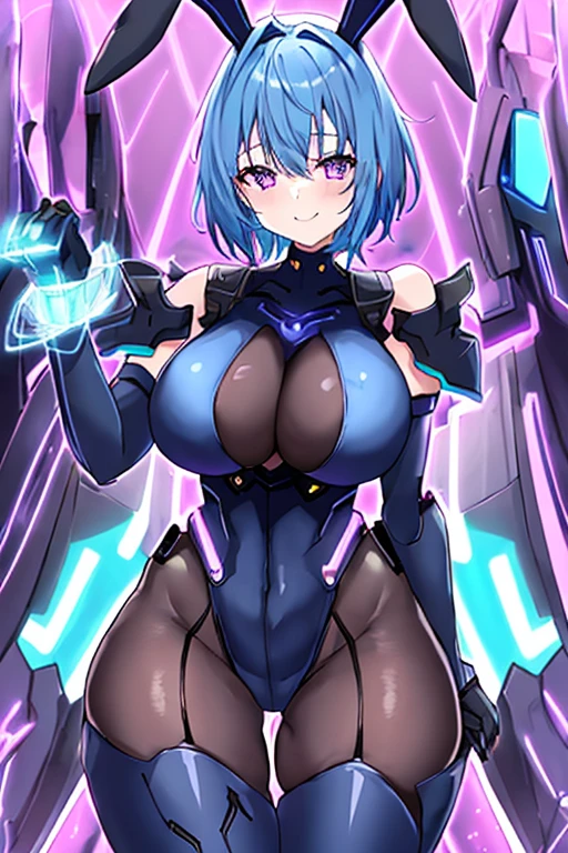 1girl, blue hair, large breasts, breasts, thick thighs, wide hips, purple eyes, bodysuit, black bodysuit, short hair, light smile, happy, very short hair, science-fiction, tech, futuristic, black pantyhose, neon, machinery, bunny ears, neon trim, anime style, 2d, anime screencap, blue neon trim, shoulder armor