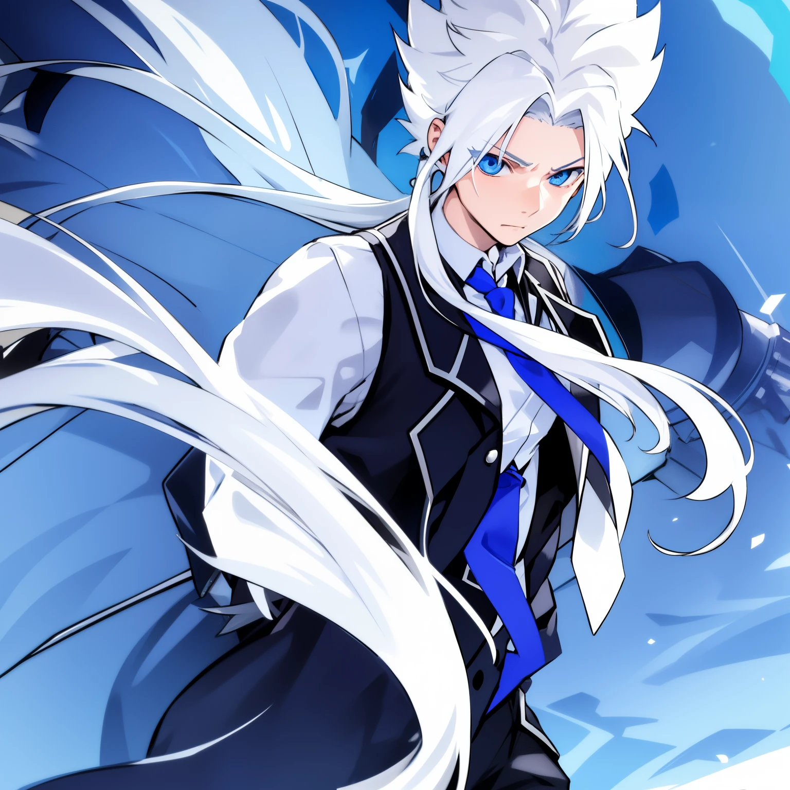 1boy, solo, male focus, white hair, necktie, spiked hair, long hair, blue eyes, collared shirt,