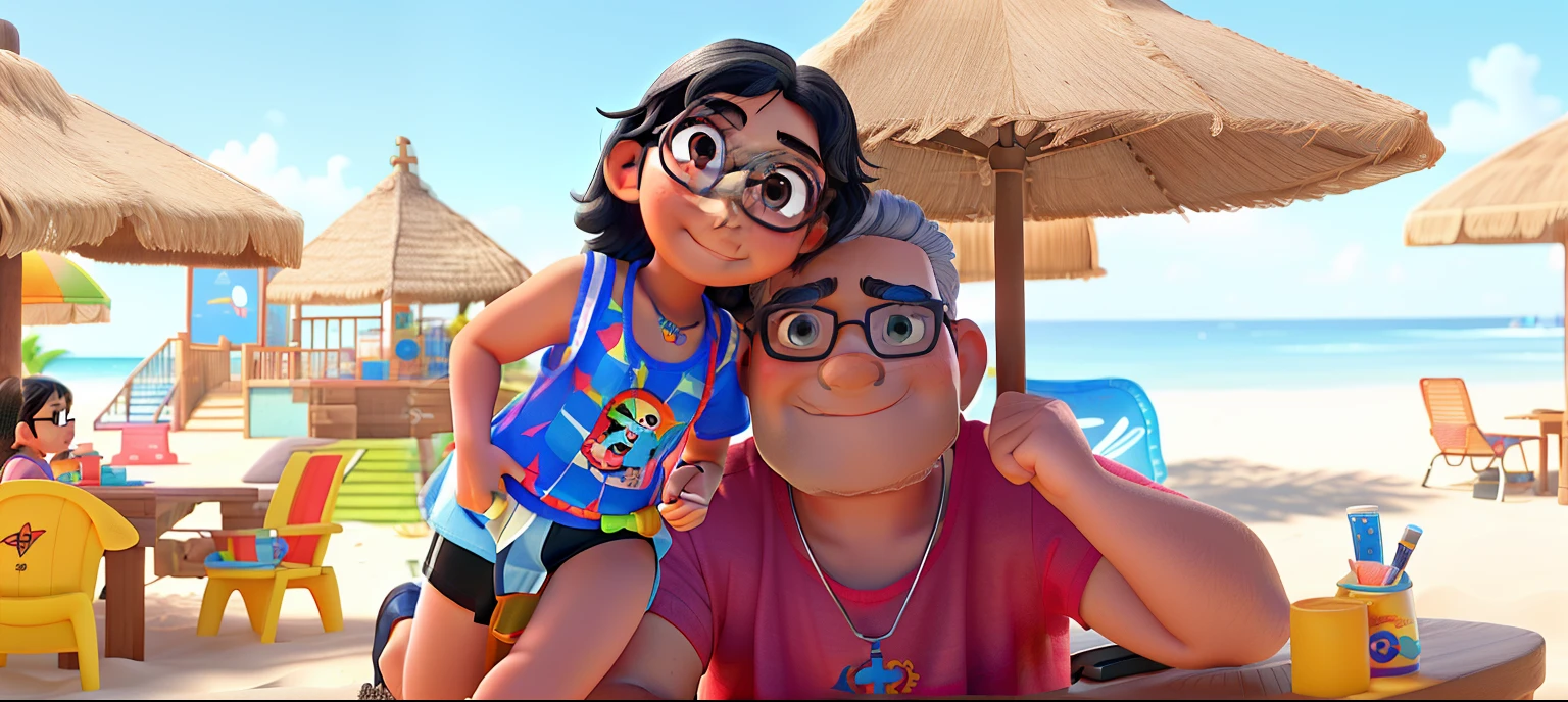 A girl in a colorful beach bikini, short wavy black hair and blue swimming goggles, with his 47 year old grandfather, With eye Glasses, beardless and with a red tank top and a silver chain and a crucifix pendant, com um modelo Disney Pixar,