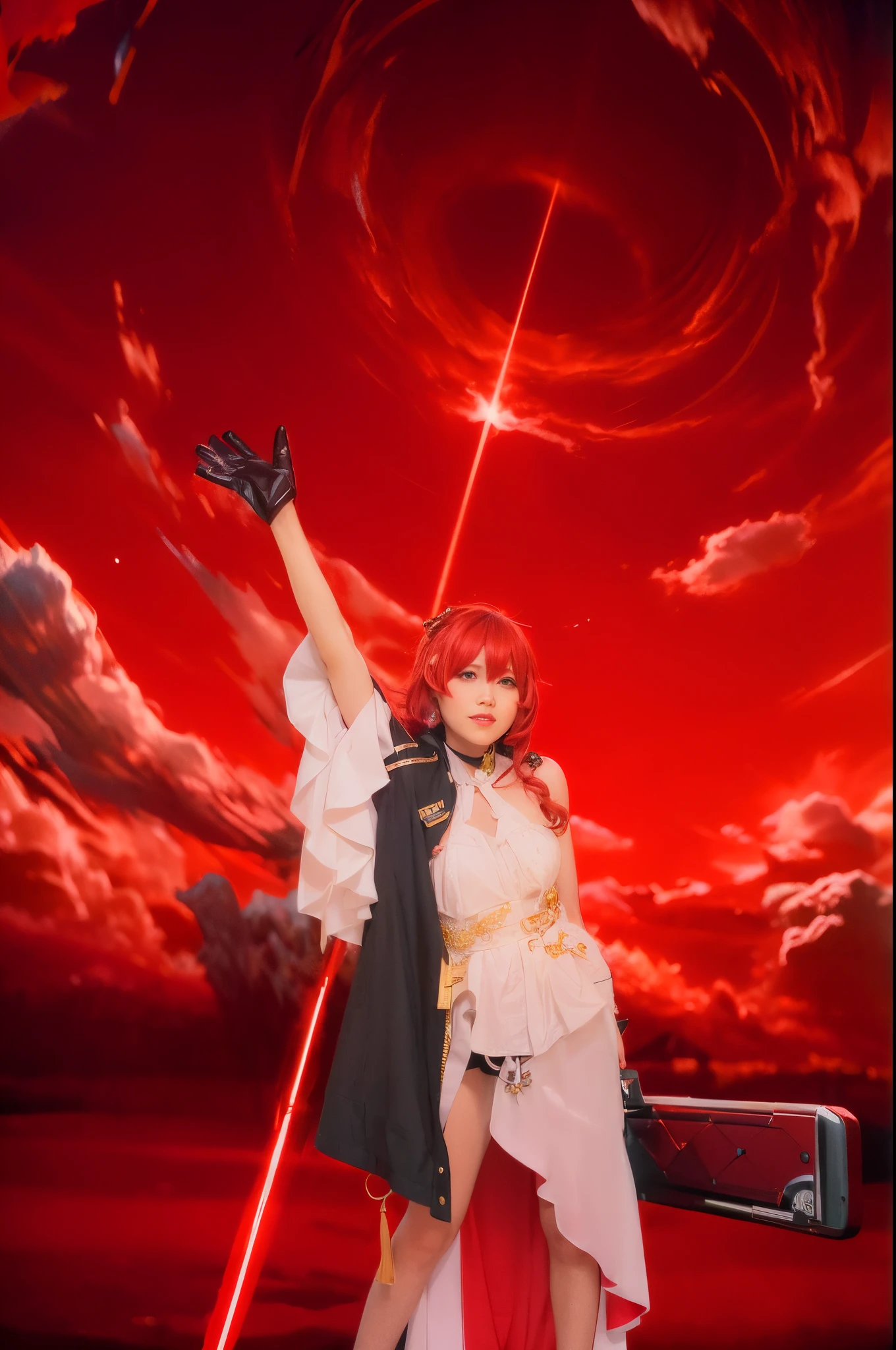 anime - style photo of a woman in a red dress holding a sword, ayaka genshin impact, ayaka game genshin impact, keqing from genshin impact, anime cosplay, macross delta, zhongli from genshin impact, ayaka cosplay, kasumi arimura style 3/4, sakura kinomoto, anime girl cosplay, cosplay, The sky was red:1.9, red laser beams shot down from the sky, fantasy:1.3, ((red sky))