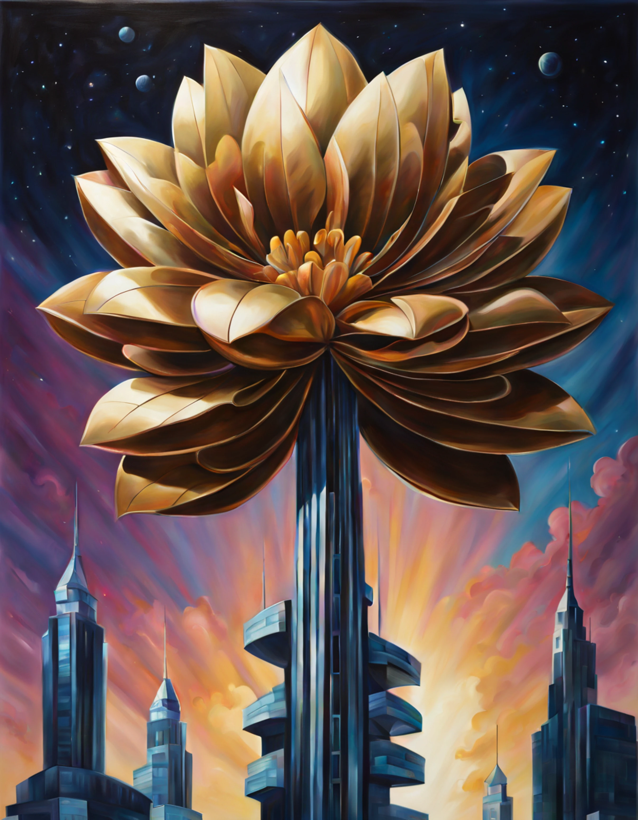 (symmetrical:1.3), (shot from above:1.3), vivid description of a single cherry blossom flower meticulously (crafted from shimmering metal), capturing its unique charm and ethereal beauty, exquisite elegance, delicate curves and intricate details of each petal capturing the fragile beauty of the flower