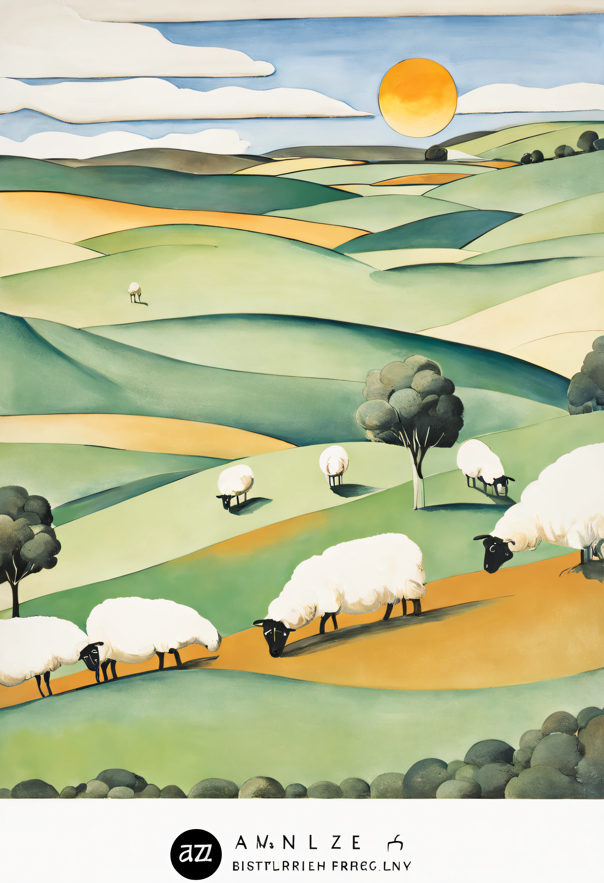 Brett Whiteley style of a colorful illustration of the Australian countryside, with rolling hills, green pastures, and grazing sheep, with blue sky, orange sun and white cloud, in Fauvism