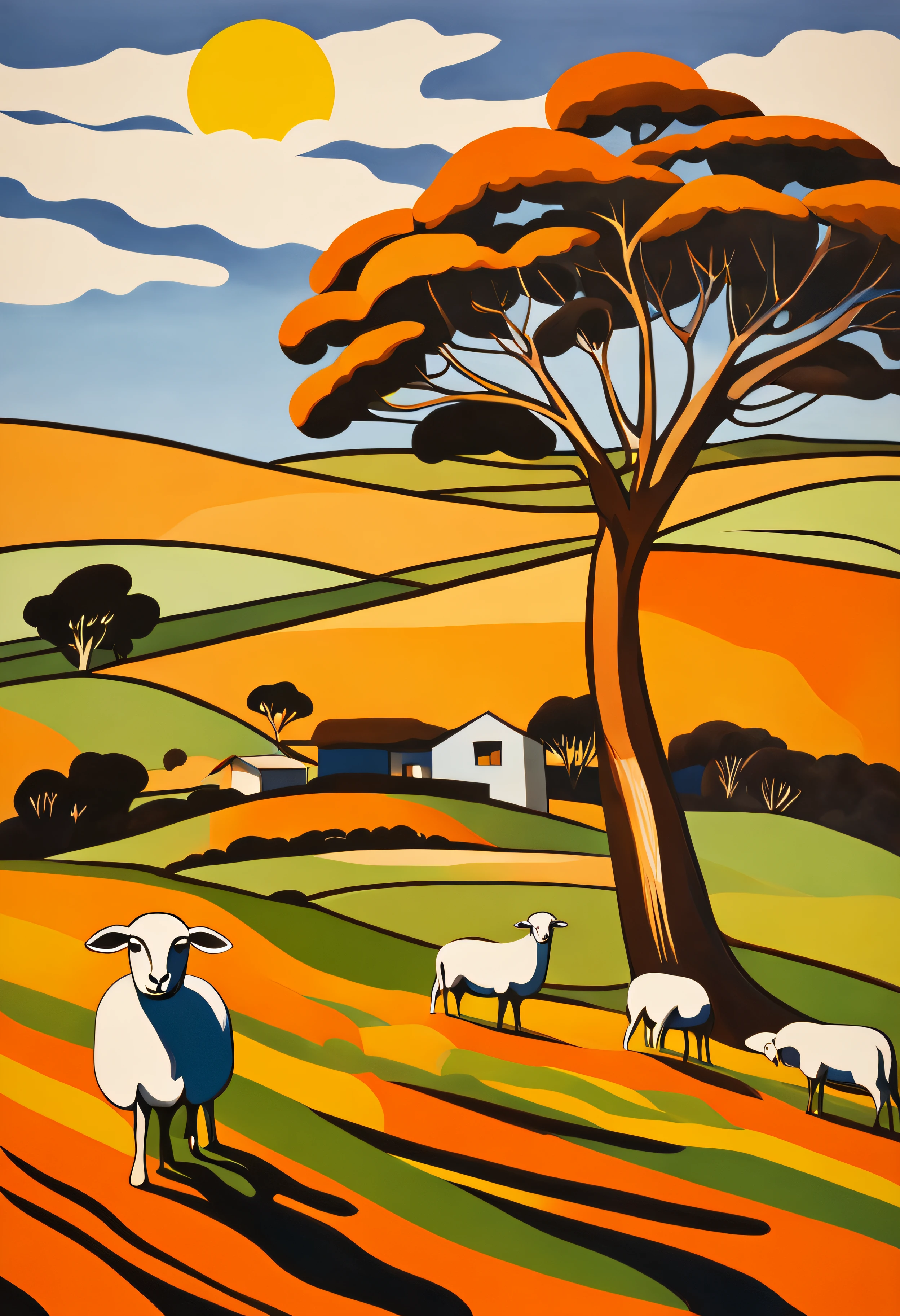 Brett Whiteley style of a colorful illustration of the Australian countryside, with rolling hills, green pastures, and grazing sheep, with blue sky, orange sun and white cloud, in Fauvism