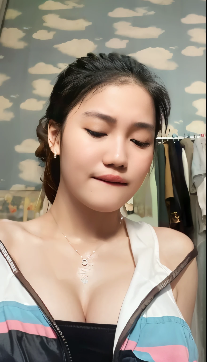 Female body, nsfw, gigantic breasts, plump, (nude, sexy), beautiful skin, ((topless, shirtless)), ((breasts out)), transparent, transparent clothes, transparent attire, (huge breasts:1.3)