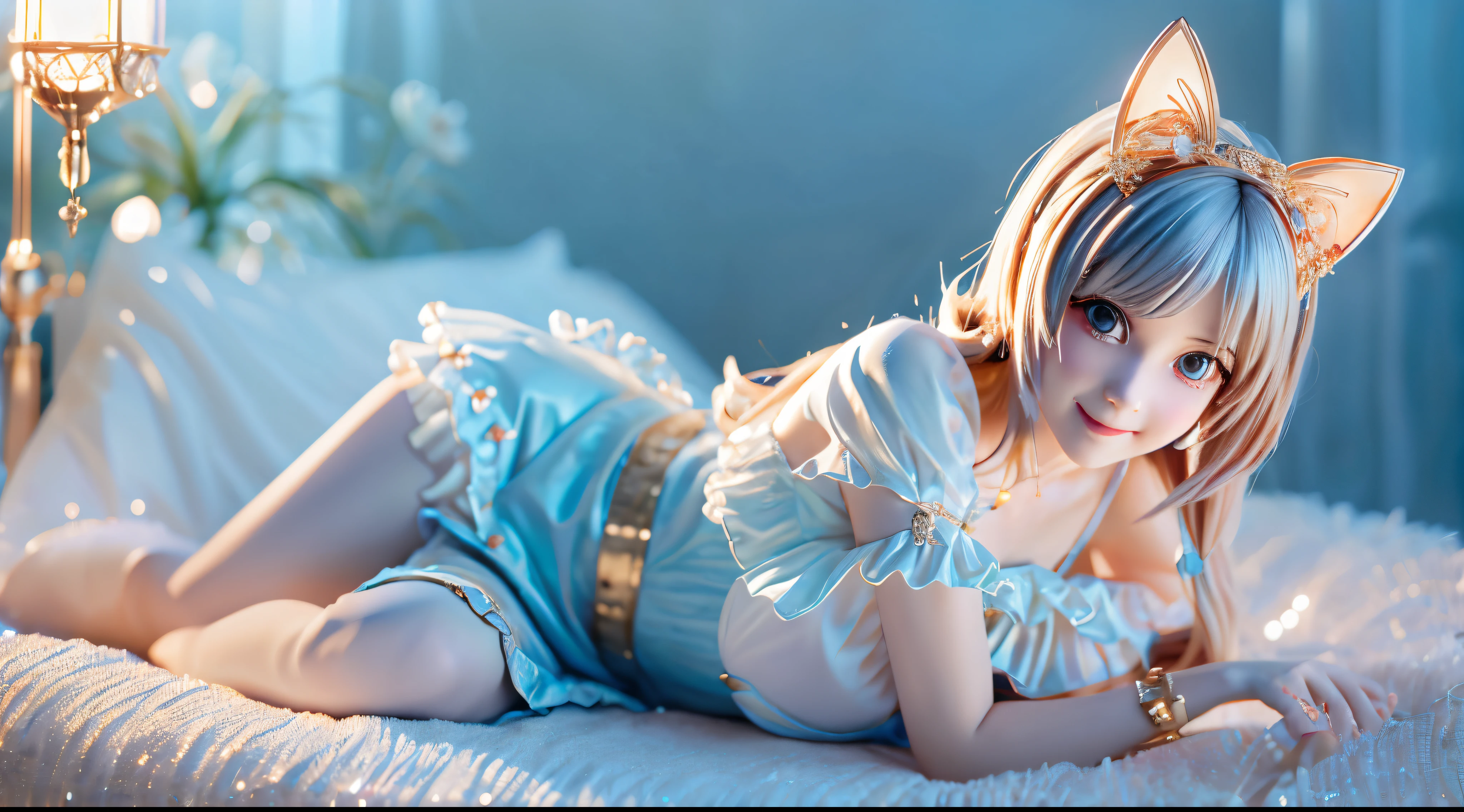 1 woman, samus aran, copper color hair, short hair, blue eyes, soft, soft light, delicate, frills, small breasts, nipples, frilly, ruffles, garter belt, vagina, no panties, (dripping cum), bed, gentle smile, happy, thighhighs, womb tattoo, bridal gauntlets, choker, filigree, Princess, (white petticoat, short dress), heels, spread legs