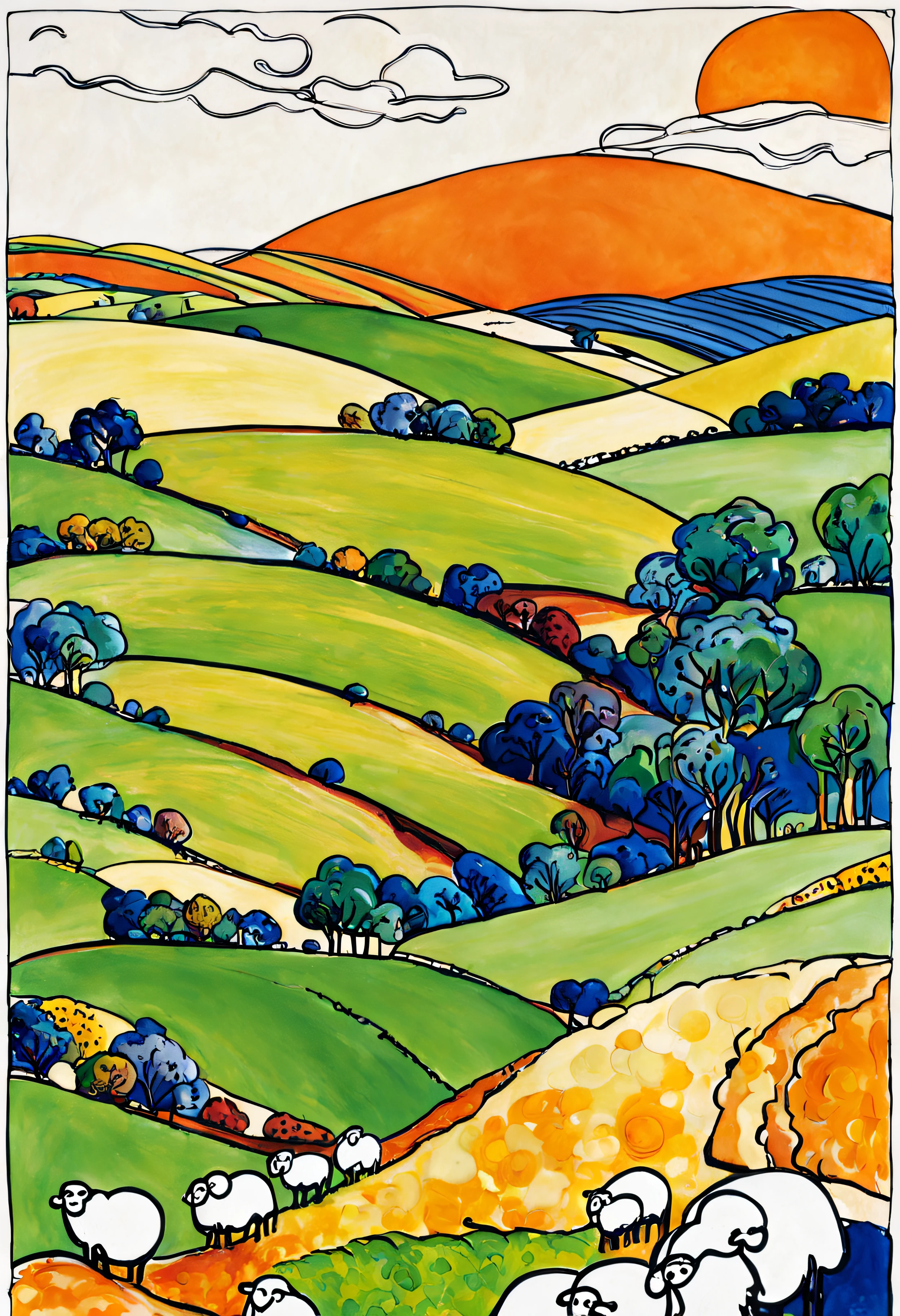 A colorful illustration of the Australian countryside, with rolling hills, green pastures, and grazing sheep, with blue sky and white cloud. Artist: Brett Whiteley, Style: Fauvism. Contour, white background.