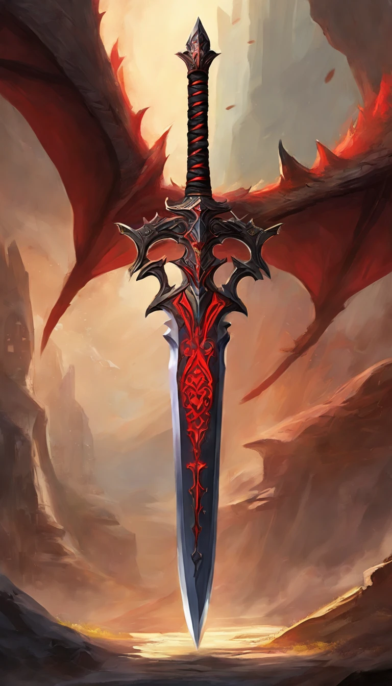 mournblade: a large legendary sword with demonic details, black blade, red runes, long blade, long sword
