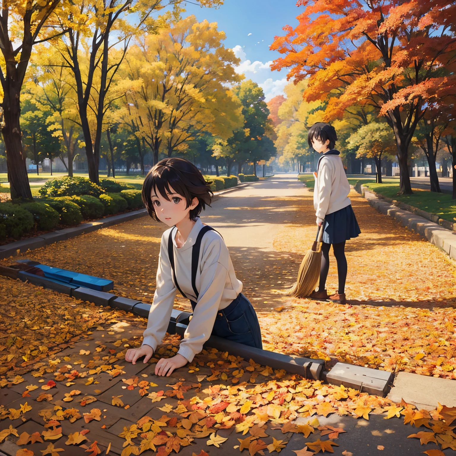 2 pretty girls、1 boy、Makoto Shinkai and Studio Ghibli、Sweeping up fallen leaves、autumnal、a park