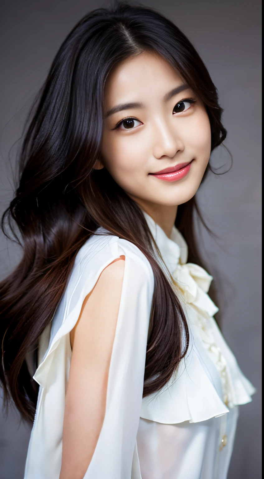 Best-quality, Masterpiece, Ultra-High-Resolution, (Photorealistic:1.4), Raw-Photo, Extremely-Details, Perfect-Anatomy, 1girl, the most famous Japanese model, cowboy-shot, looking at viewer, beautiful smile, wearing trench coat and white blouse with frills, detailed extremely beautiful face like a most popular Japanese model, detailed extremely beautiful big black solid circle eyes, detailed extremely beautiful hair, detailed extremely beautiful realistic skins, detailed trench coat, detailed white blouse with frills