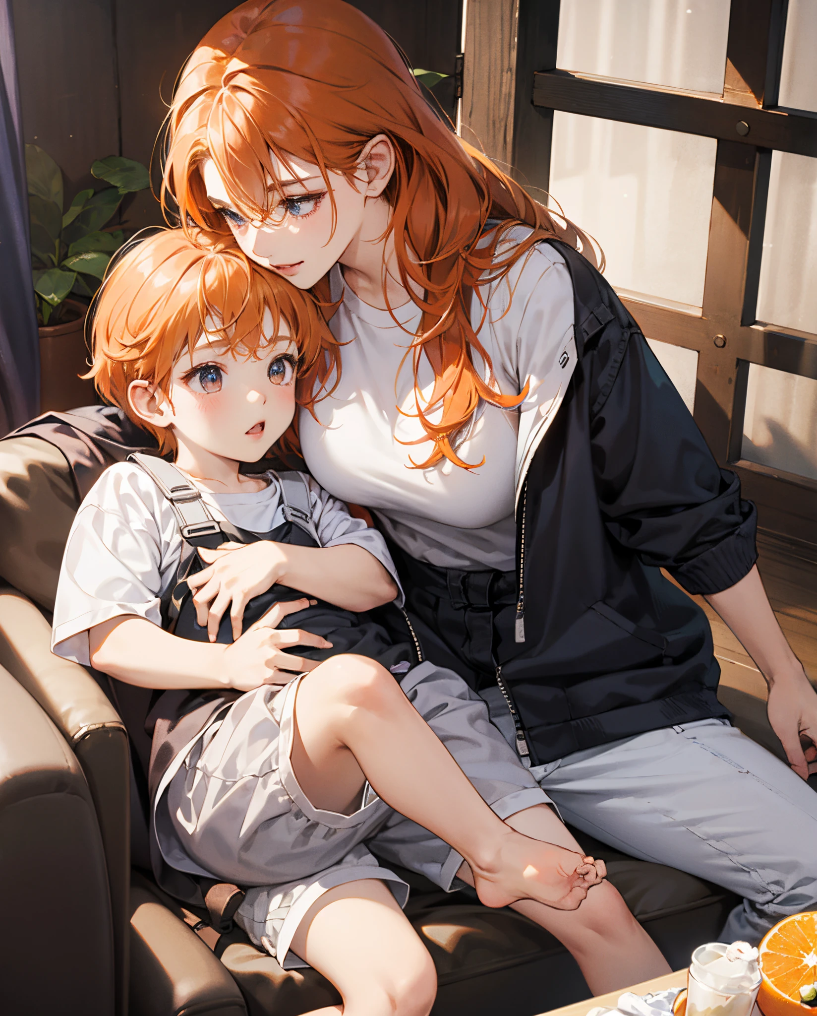 1 Girl、1boy、foot、Pantyhose、Book、Brown hair、heterosexuality、foot、Long hair、boy、Green shirt、Sitting、Mother and son、shorts、shirt、scarf、leg、child、ring、clock、skirt、open mouth、With eyes closed、Transparent leg、ring、Red Hair