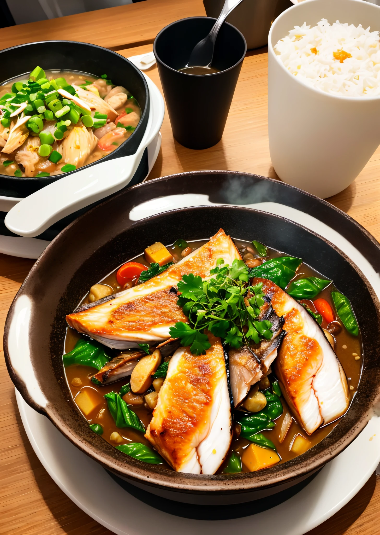 Miso stew of mackerel、And food、stewed fish dishes、realisitic、warm、steam、Cinematic composition