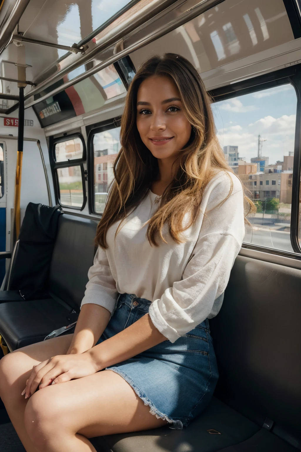 (best quality,4k,8k,highres,masterpiece:1.2),ultra-detailed,(realistic,photorealistic,photo-realistic:1.37),Latina woman,30 years old,long blonde hair,honey-colored eyes,perfect hands and fingers,smiling,sitting on a seat inside a bus,illustration,vivid colors,warm tones,soft lighting,graffiti-tagged walls,outside scenery,natural sunlight,city view,modern bus interior,urban environment