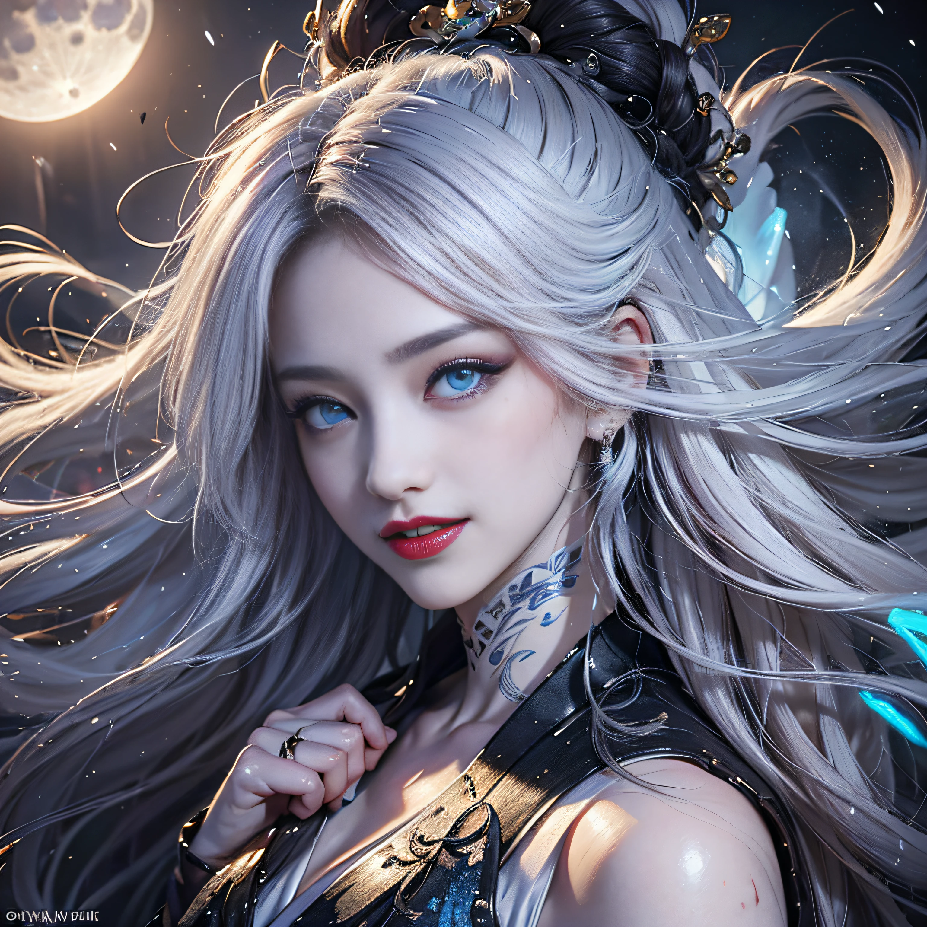 (number々Award-winning masterpieces of, with incredible detail, textures and maximum detail), (Hyper realistic:1.4), (Realistic:1.3), (Full body image:1.7), (Upper Body Up:0.3), (Transparent, Strangely white skin and realistic texture of the highest quality), (five perfect and beautiful fingers:1.8), (Yuki-onna from Japanese folk tales: 1.6), (smile with blood red lips: 1.7), (fine perfectly symmetrical eyes), (Dense and breathtakingly beautiful face: 1.6), (Image of an aesthetic and decadent atmosphere: 1.6), (fair but beautiful skin and face,,,,: 1.6), (Beautiful long black hair fluttering in the wind:1.4), (Wearing decadent and delicately crafted accessories: 1.8), (Bioluminescent bright blue eyes: 1.7), (Fallen Beauty: 1.6), (Blue eyes that emit a strong blue light from within:1.7), (The calm white old clothes that cover his entire body are badly damaged..., however、Elegant and delicate: 1.8), (Less skin exposure:1.5), (Strong moonlight shining in from overhead: 1.7), ((dramatic photography)), ((Cinematic Light)), (full-length portrait:1.7), (looks up), (Looking down), (dramatic pose), (Smoke effect and bewitching light:1.4), Beautiful white hair, Beautiful silver hair, Beautiful blonde hair, Wind-effect, Swirling snow, blizzard, Winter storms, wind and rain, (Purple smoke in the air: 1.3), (Snowstorm Ice Field, Quiet snowfield on a moonlit night, Midnight Snow Town), (a dark night, Full Moon Night, New Moon Night), Epic Realistic, Faded, ((Neutral colors)), Art Book, (nffsw:1.5), (Muted colors:1.2), Hyper Detailed, (Art Station:1.5), Cinematic, Warm lights, light effect, Dramatic light, (Intricate details:1.1), Complex background, (Greg Rutkowski:0.8), (teal and orange:0.4),