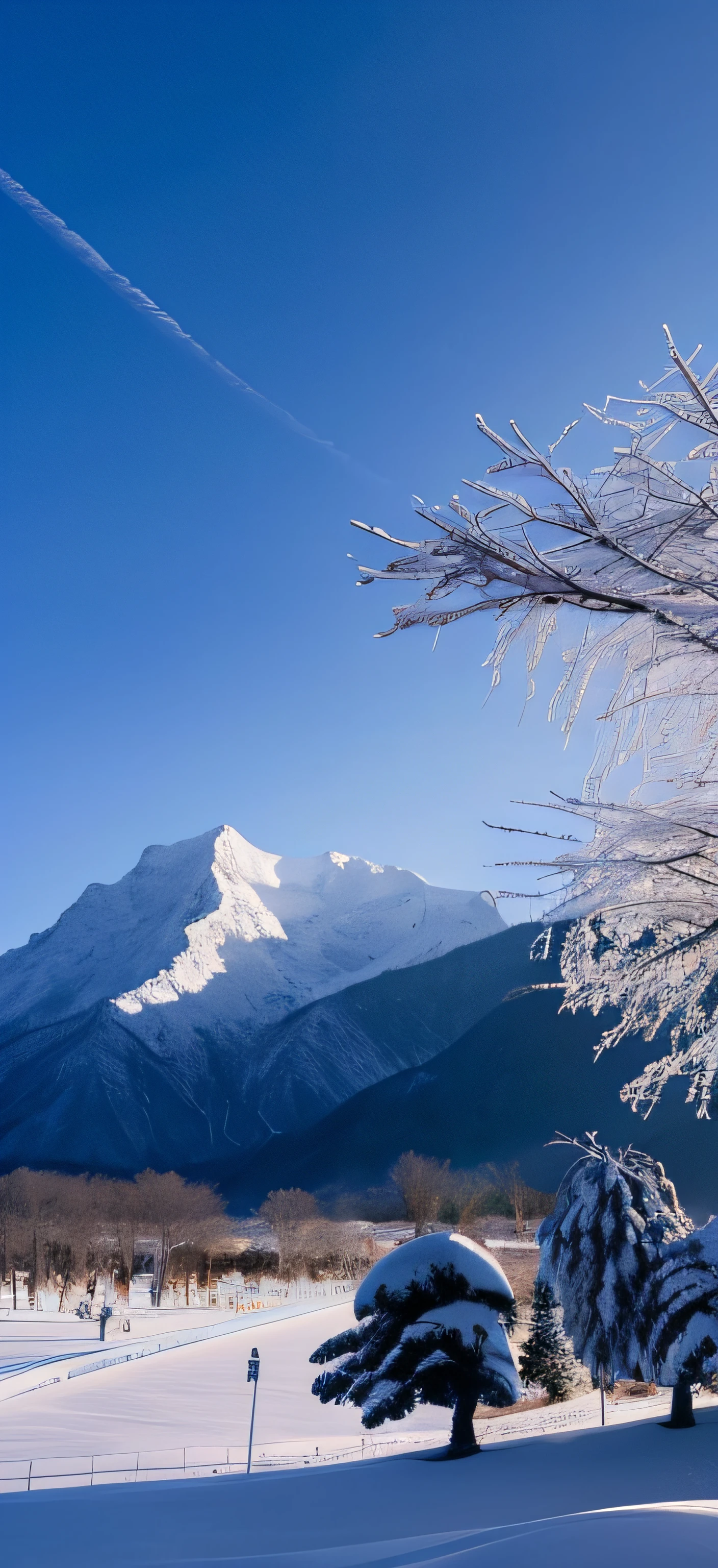 There is a Chinese-style white building in the distance,There is a mountain behind the tree, at winter season, Faraway view, of the tree,light snow season,Detailed landscapes,natural morning light,There is snow on the roof in winter,high high quality,A high resolution。