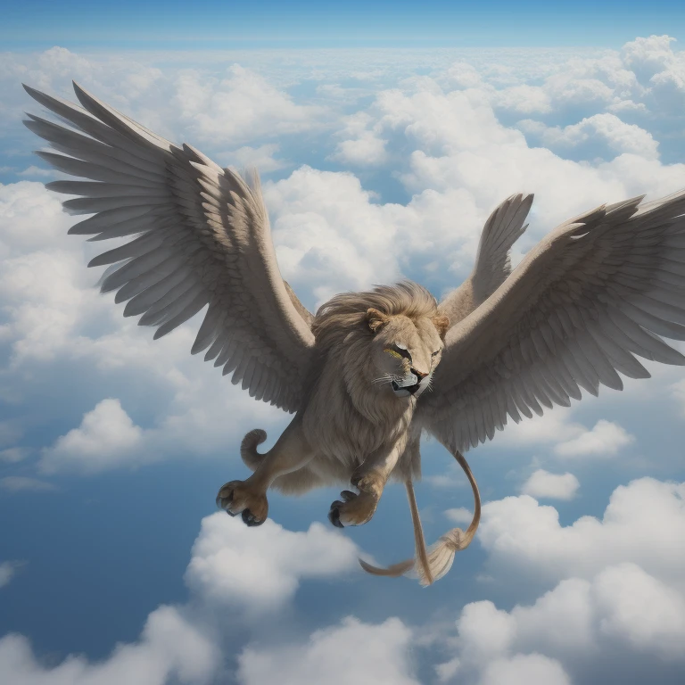 Super realistic winged lion flying over the clouds