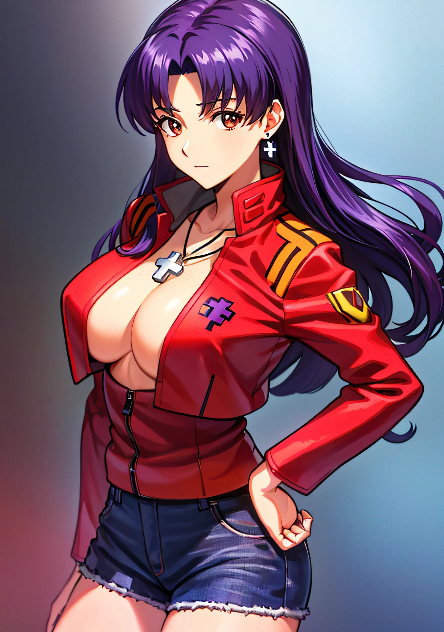 masutepiece, Best Quality, Very detailed_nffsw_Unity_8K_ Wallpaper, Very detailed _ Eyes, Evangelion: 3.0 you can \ (Not \) redo, girl, Solo, Misato Katsuragi, Brown eyes, Indigo hair, Big breasts, Cross Necklace, Red jacket, Mature Woman, Older, Upper body,