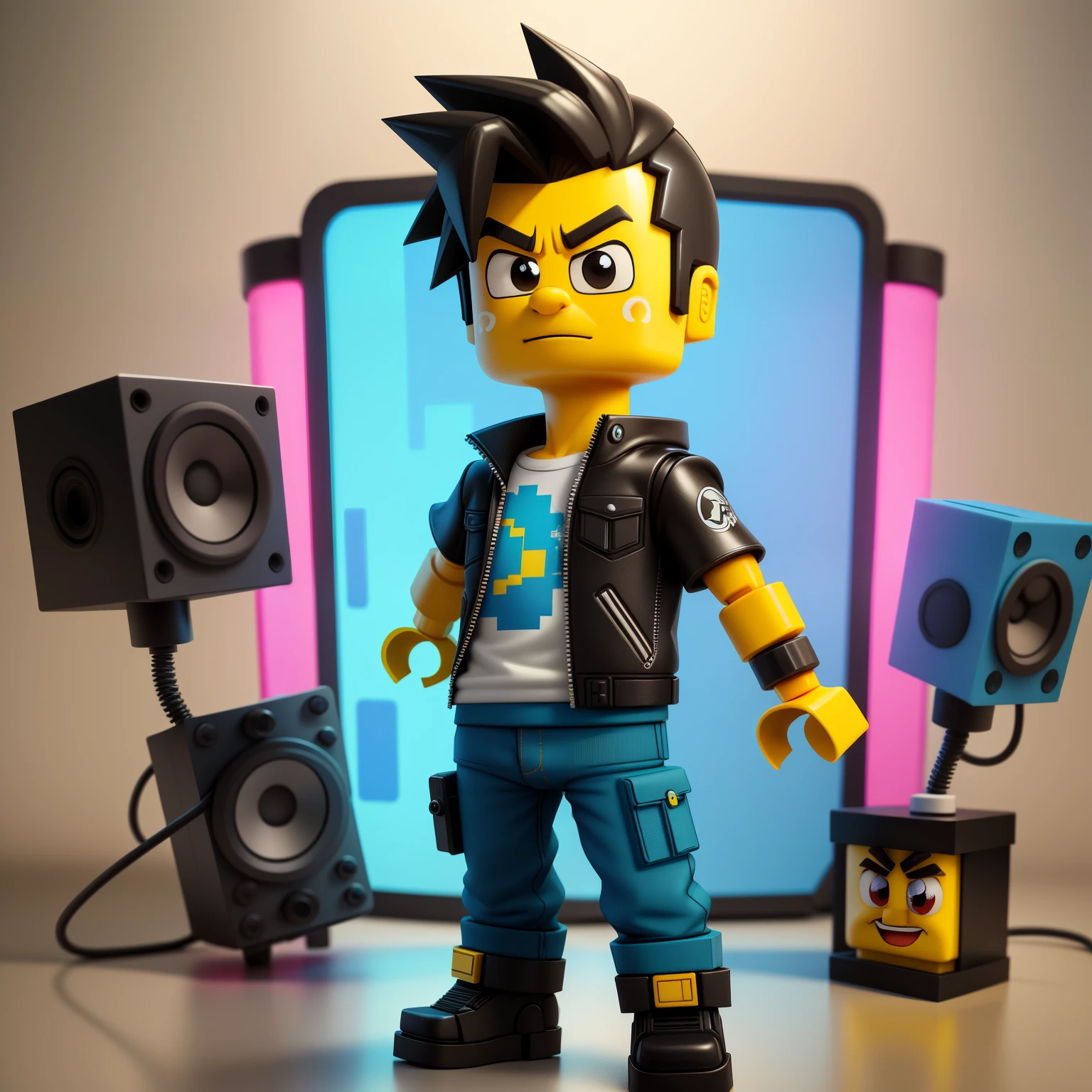 tmasterpiece,Best quality,Cartoonish,pixar-style,simple design,Miniature feeling,Artis,3D Nintendo style and lost cyberpunk,lego boy
