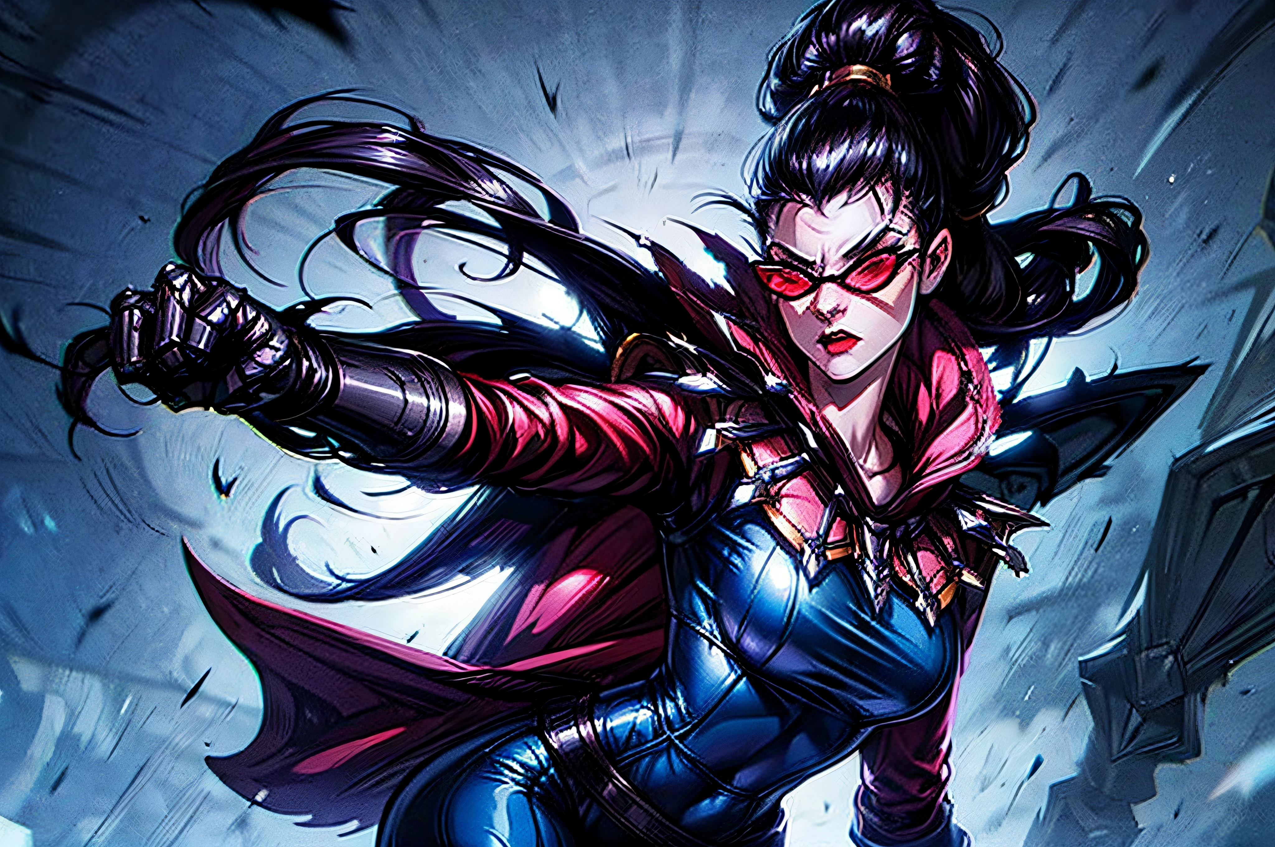 (masterpiece), best quality, expressive eyes, perfect face, vayne, 1girl, solo, long hair, black hair, gloves, ponytail, cape, sunglasses, ruin background, badass pose, floating, standing, portrait, looking at viewer, from frontal