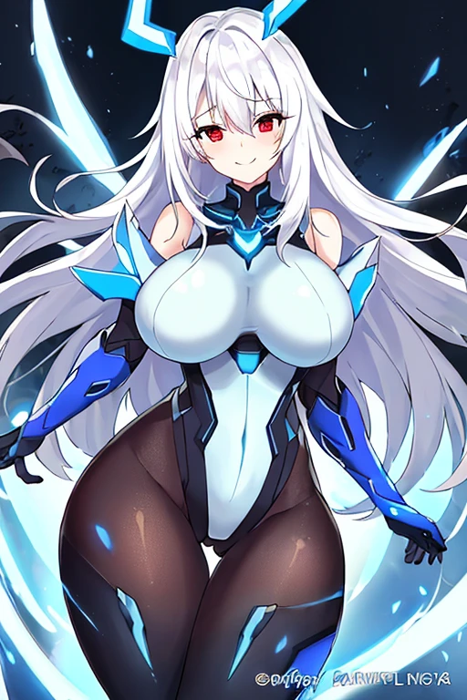 1girl, white hair, large breasts, breasts, thick thighs, wide hips, red eyes, bodysuit, black bodysuit, pantyhose, long hair, light smile, happy, science-fiction, tech, futuristic, black pantyhose, thighhighs, neon, machinery, hair ornament, ornament, neon trim, anime style, 2d, anime screencap, shoulder armor, blue neon trim