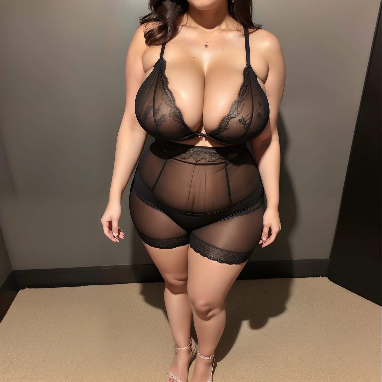 Mature woman, chubby body wearing tight sundress, perfect face, perfect eyes, HD details,high details, ((full body view)), ((full huge breast)) ((large breast))((huge round breast))(( centered image)) (HD render), thick legs, thick thighs, lingerie pantylines, blushing, sweating