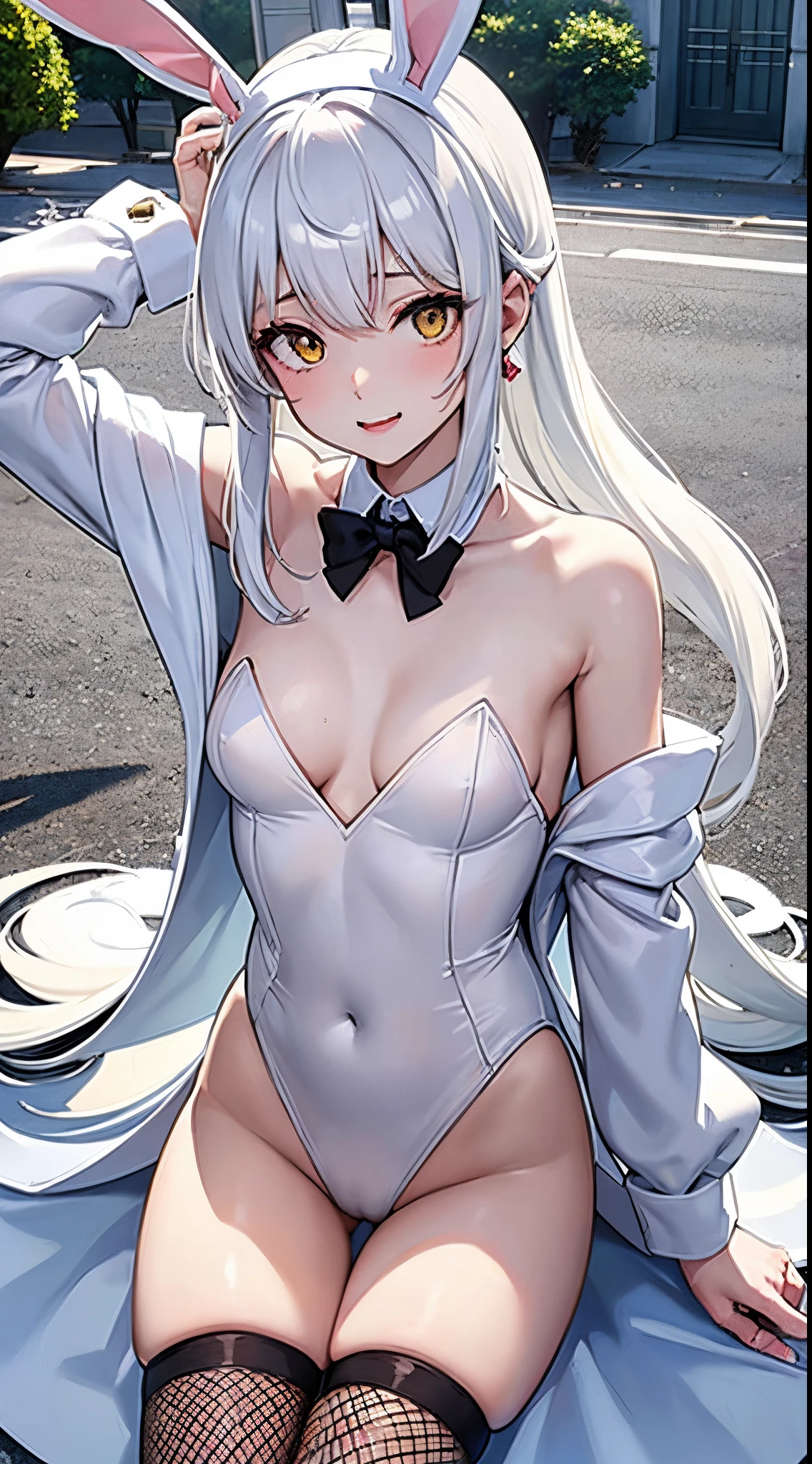 Blanc\(Nicke\)、a playboy bunny、rabbitears、panthyhose、fishnet tights、White leotard、White long hair、yellow eyes、Nettai、
(small tits:1.5、flat breast、From above、cammel toe、)white panties、
jewely、hand on the breasts、see -through、Look at viewers、hair adornments、a choker、full of shyness、a smile、
(masterpiece、top-quality、top-quality、Official Art、Beautifully Aesthetic:1.2)、(1 girl in)、ighly detailed、colourfull、highestdetailed、
城市、a street、Leaning、walls、suns、clouds、