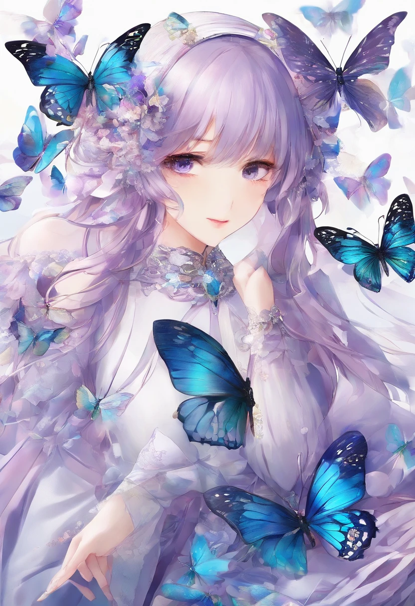 Butterfly motif、Purple and blue tones、Vibrant colors、((​masterpiece)))、(((top-quality)))、((ultra-detailliert))、(A hyper-realistic)、(highly detailed CGillustration）、From the right side、Official art、Milan at the beginning of the 20th century、Decadent、Madame Papillon、Masquerade、refinement、Elegance、Gorgeous、Masks that cover most of the face、Colorful and detailed mask design、matchless beauty、Fans、gorgeous dress、jewely、Perfect Angle、perfect-composition。full body Esbian