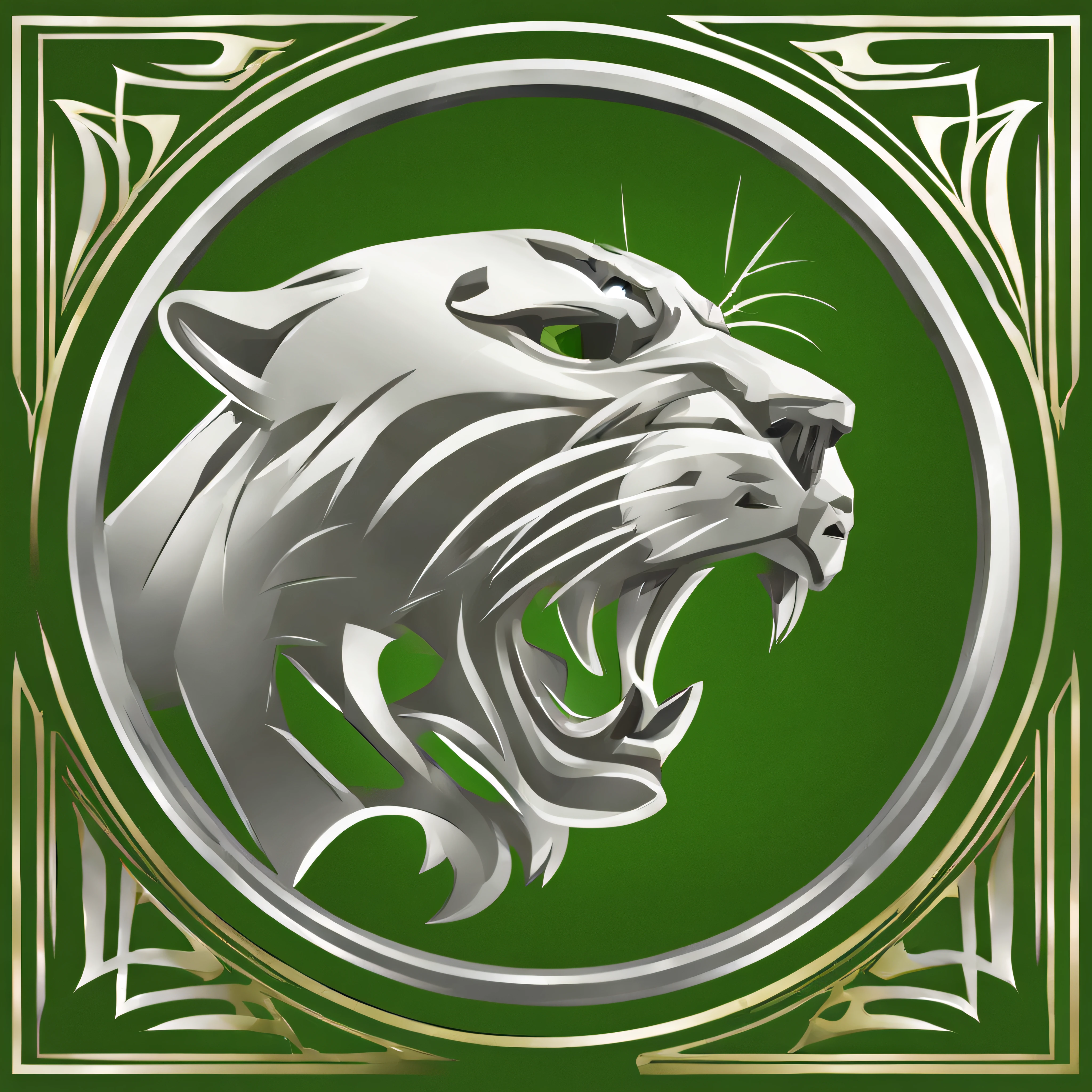 the logo is in the form of a silver panther in a gold ring and there the rays shine and lightning, on a solid green background