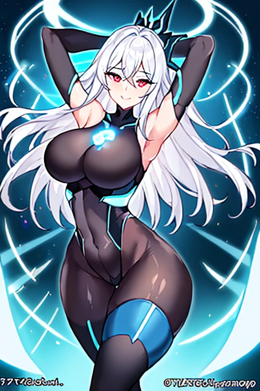 1girl, white hair, large breasts, breasts, thick thighs, wide hips, red eyes, bodysuit, black bodysuit, pantyhose, long hair, light smile, happy, science-fiction, tech, futuristic, black pantyhose, thighhighs, neon, machinery, hair ornament, ornament, neon trim, anime style, 2d, anime screencap, shoulder armor, blue neon trim, hip sway, swaying hips, bouncing breasts, arms behind back, hands behind head, arms behind head, arms up, me!me!me dance /(meme/), dancing, dance, hourglass figure