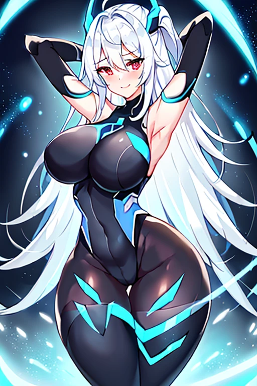 1girl, white hair, large breasts, breasts, thick thighs, wide hips, red eyes, bodysuit, black bodysuit, pantyhose, long hair, light smile, happy, science-fiction, tech, futuristic, black pantyhose, thighhighs, neon, machinery, hair ornament, ornament, neon trim, anime style, 2d, anime screencap, shoulder armor, blue neon trim, hip sway, swaying hips, bouncing breasts, arms behind back, hands behind head, arms behind head, arms up, me!me!me dance /(meme/), dancing, dance, hourglass figure