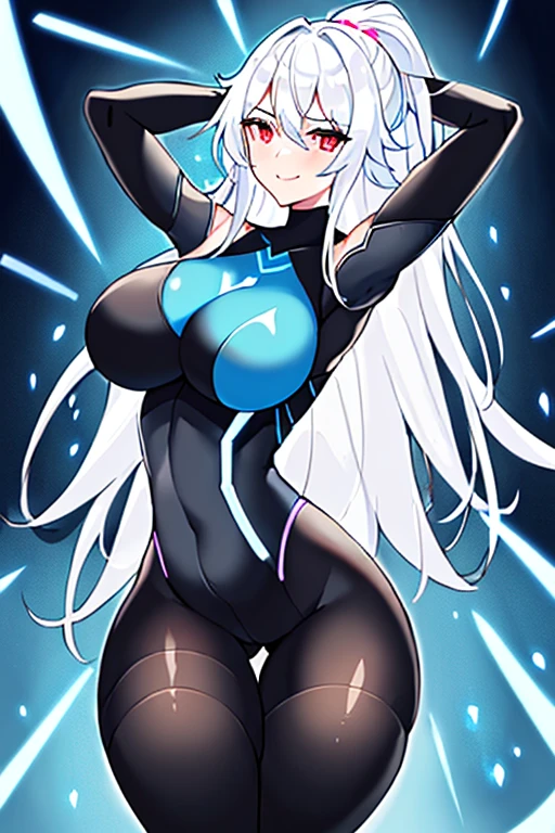 1girl, white hair, large breasts, breasts, thick thighs, wide hips, red eyes, bodysuit, black bodysuit, pantyhose, long hair, light smile, happy, science-fiction, tech, futuristic, black pantyhose, thighhighs, neon, machinery, hair ornament, ornament, neon trim, anime style, 2d, anime screencap, shoulder armor, blue neon trim, hip sway, swaying hips, bouncing breasts, arms behind back, hands behind head, arms behind head, arms up, me!me!me dance /(meme/), dancing, dance, hourglass figure