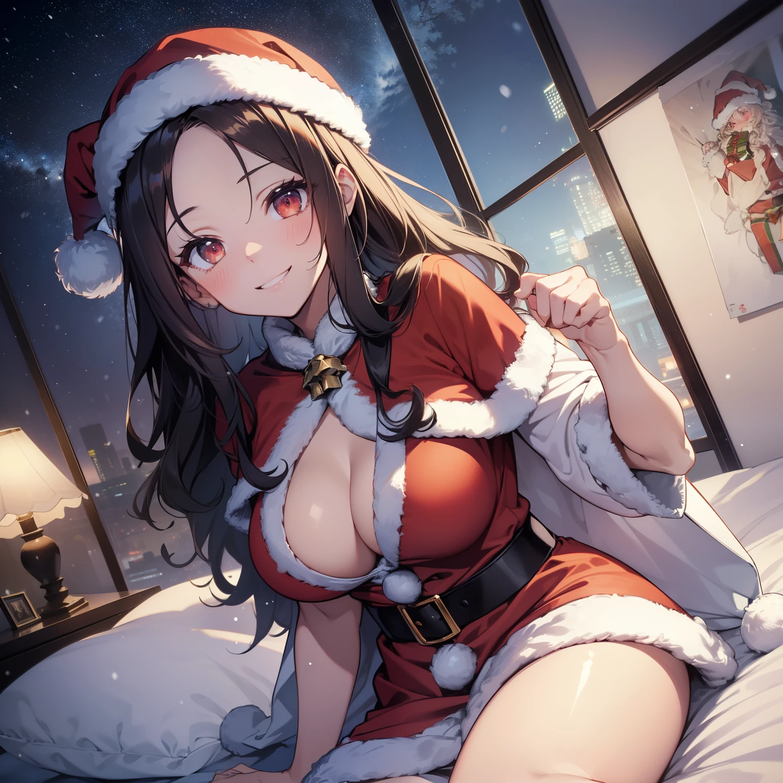 (masutepiece,Best Quality,8K),(extremely detailed CG1.1),s girl,Smile,large boob,(From below:1.2),Intricate details , Hyper realistic, Perfect Anatomy,A dark-haired,Red Eyes,(((Forehead))),Permed hair with wavy hair,(((length hair))),Hair over one eye,hair slicked back,Full body,(((santa claus))),blush,Happy smile,(((Bedroom with night view))),Lens Flare,Wind,Magnificent view,(chromatic abberation:1.3),Dynamic Angle,Cowboy Shot,Looking at Viewer,Lie down,It's snowing