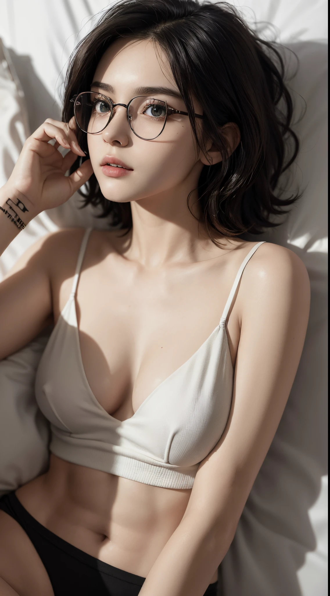 masterpiece, best quality, realistic, highly detailed, 1girl, solo, (half body shot 3.4), different eyes color, glasses, short hair, black hair, large breast, black tank top, Lips pierced, tatto on neck, beautiful girl, A tomboy face, Flat face without expression, Lying in bed on bed, badroom background at night, detail eyes, detail hair, perfect lighting