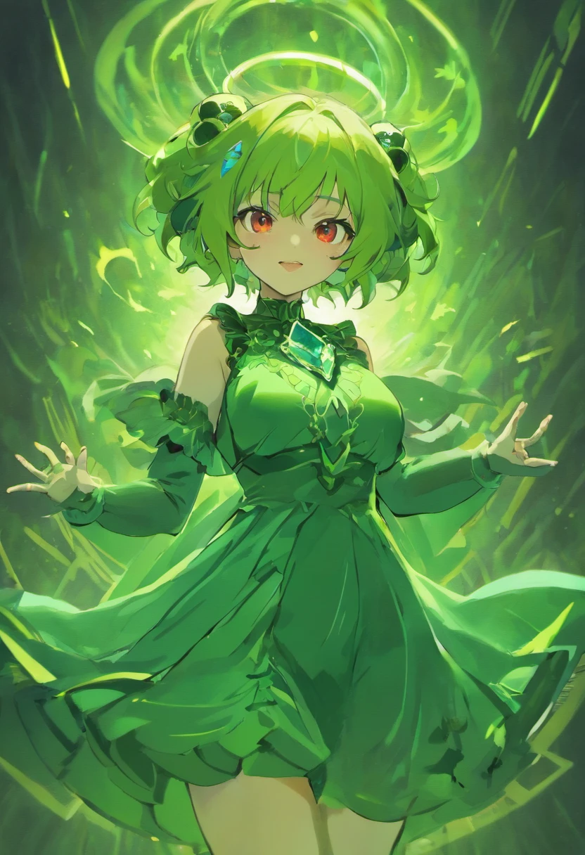 ((Masterpiece)), (Best Quality), ((Super Detail)), Illustration, ((Very Delicate and Beautiful)), ((solo)), Dynamic Angle, Looking back at viewer, anime moe artstyle, (enigmatic and cunning), ((Crimson red eyes)), ((Deep evergreen hair)), (bob cut hair), ((Twin pitch black demon horns)), (otherworldly), exceptionally beautiful, ((plump)), big breasts, (curvy), ((voluptuous)), (ethereal spirit), ((velvet green dress), (flowing ruffled dress), (Dress with blazing red trim), (gorgeous intricate Blue necklace jewelry), (predatory smile), (high quality), volumetric lighting, ((spiritual plane)), ((((ethereal background))))