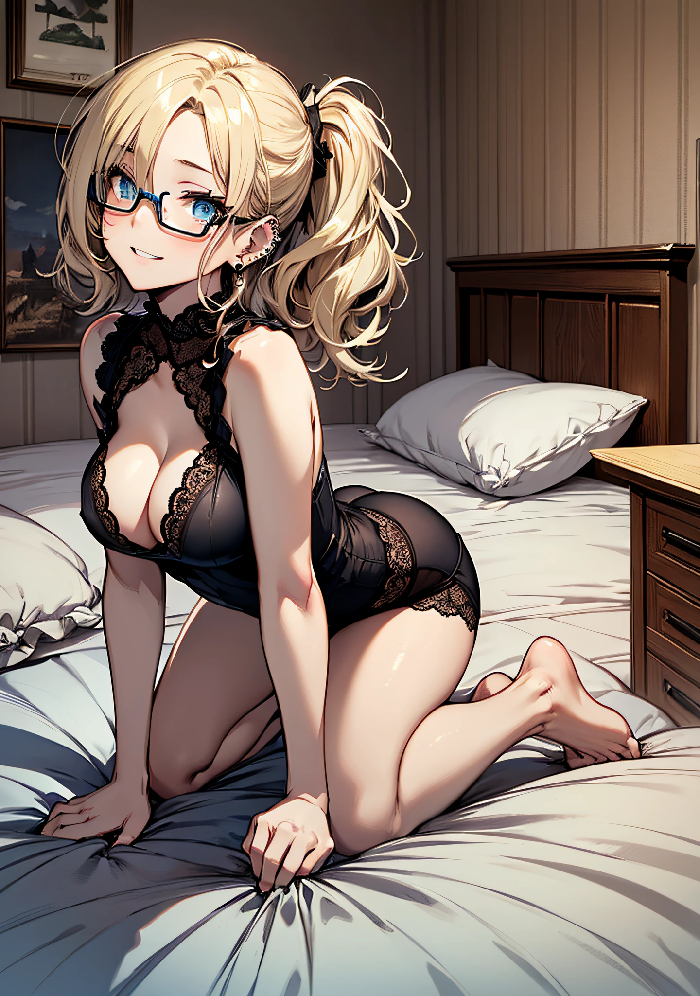 8K 、top-quality、Top image quality、masterpiece、full body Esbian、((NSFW:1.4))girl with((18year old、Top and bottom lace underwear 1.6、Bust 85、a blond、disheveled ponytail、Blue eyes、cleavage of the breast、Happiness、eye glass、Ear-piercing))、Get on all fours 1.6、A slender、hiquality、visualart、Background with((a bed))、masutepiece、looking at from the front