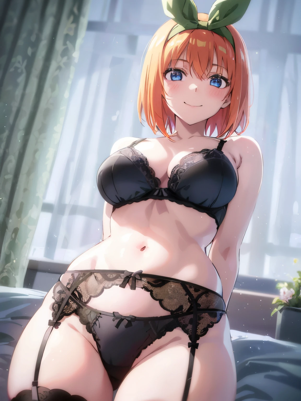 1girl, alone, Yotsuba Nakano, short hair, orange hair, green ribbon, ribbon tied on her head, embarrassed, smiling, blue eyes, window with curtains, at night, night light entrance, standing, in bed, black lingerie, black bra with lace, underwear, black underwear with lace, light black, black stockings,