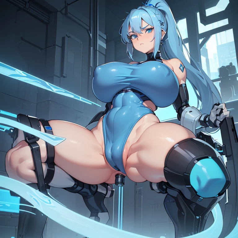 ((1 cyborg woman)),((huge breasts)),((bare breasts,naked pussy,completely naked)),((urethral insertion)),((short light blue hair with ponytail,blue eyes)) ,((with giant blue rubber penis in the anus, open pussy)),((standing, in a gray futoristic room)),((facing the viewer)),