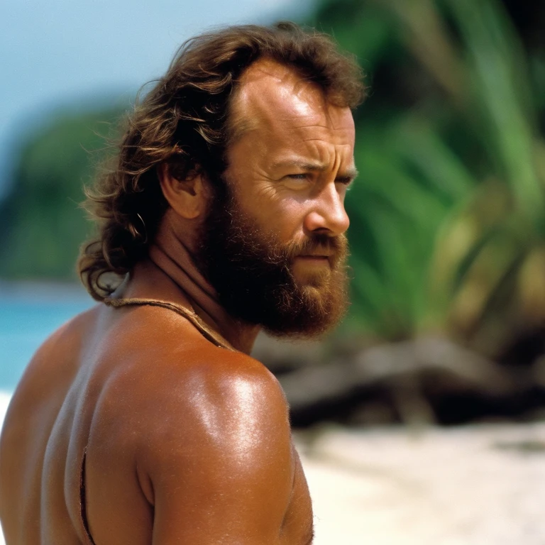 Chuck Noland, portrayed by Tom Hanks in the film “Cast Away,” is currently stranded on a deserted island in the Pacific Ocean.  Sunburnt and bearded, with long, unkempt hair, his physical condition reflects the harsh realities of island survival. ,Cast Away (2000),Chuck Noland, portrayed by Tom Hanks in the film “Cast Away,” is currently stranded on a deserted island in the Pacific Ocean.  Sunburnt and bearded, with long, unkempt hair, his physical condition reflects the harsh realities of island survival. ,face,photo