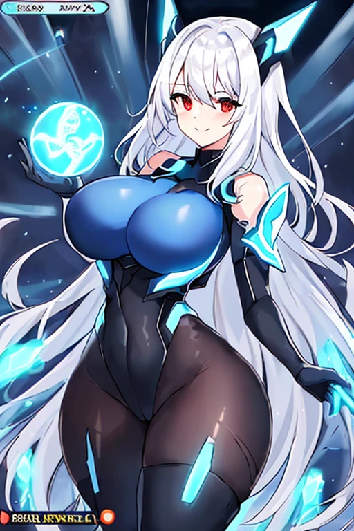1girl, white hair, large breasts, breasts, thick thighs, wide hips, red eyes, bodysuit, black bodysuit, pantyhose, long hair, light smile, happy, science-fiction, tech, futuristic, black pantyhose, thighhighs, neon, machinery, hair ornament, ornament, neon trim, anime style, 2d, anime screencap, shoulder armor, blue neon trim