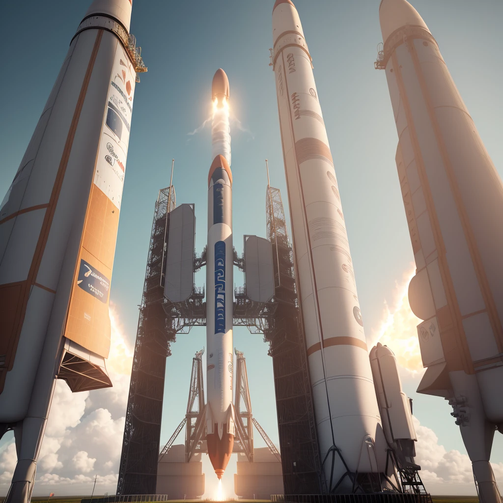 Generate images of a reusable booster rocket, at the top of the rocket have a separated section that has two affordable, enclosed cylinder rotor blades that folds in and out when landing, at the bottom of the rocket have a section for set of landing legs that are incorporated into a thin light structure that project downward when the rocket is landing, 4K, 8k, high resolution image, warming colors, reusable rocket, reusable rocket landing, SpaceX falcon 9 clone rocket, detailed rocket, missile shape like rocket,