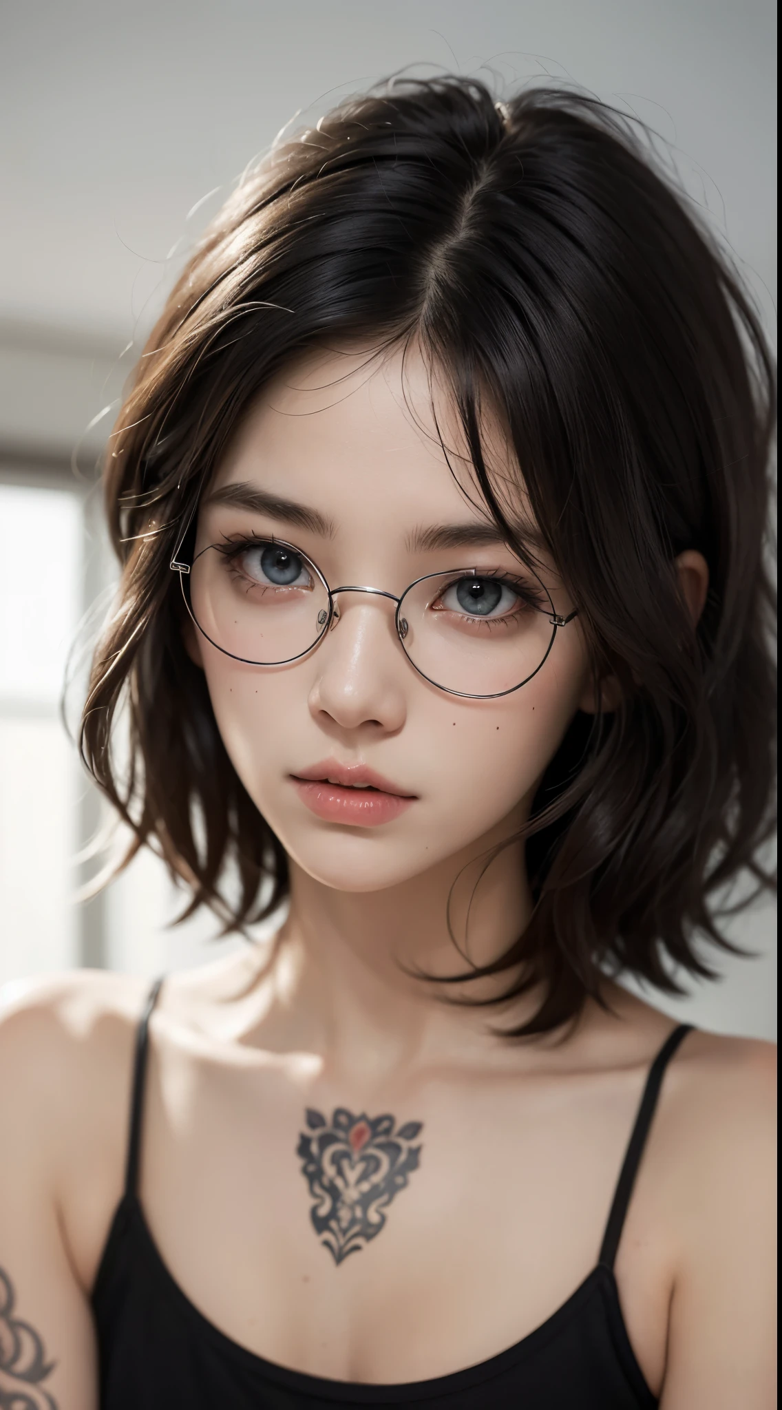 masterpiece, best quality, realistic, highly detailed, 1girl, solo, (half body shot 3.4), different eyes color, glasses, short hair, black hair, large breast, black tank top, Lips pierced, tatto on neck, beautiful girl, A tomboy face, Flat face without expression, Lying in bed on bed, badroom background at night, detail eyes, detail hair, perfect lighting