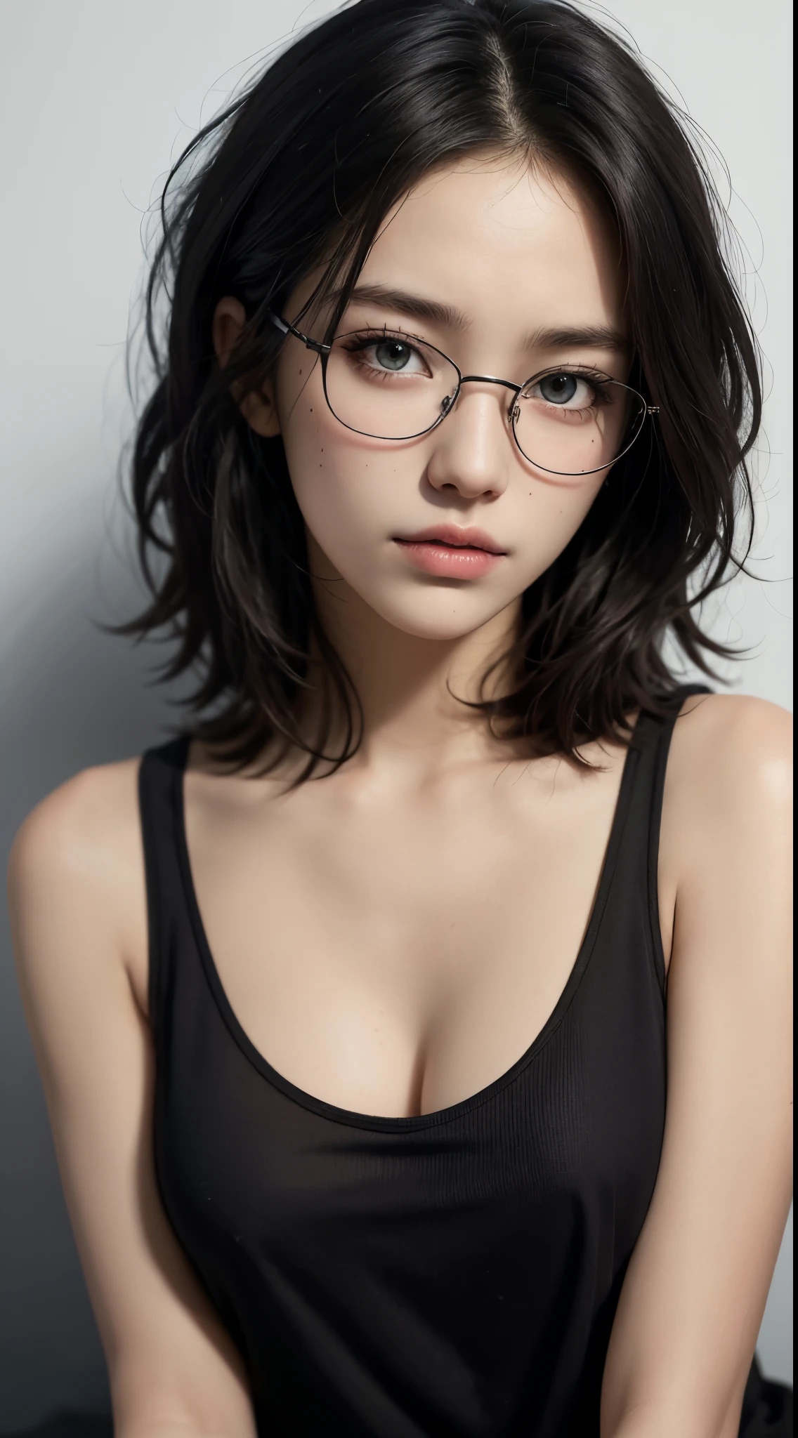 masterpiece, best quality, realistic, highly detailed, 1girl, solo, (half body shot 3.4), different eyes color, glasses, short hair, black hair, large breast, black tank top, Lips pierced, tatto on neck, beautiful girl, A tomboy face, Flat face without expression, Lying in bed on bed, badroom background at night, detail eyes, detail hair, perfect lighting