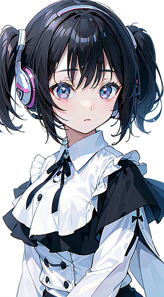 (Top quality illustrations:1.3)、(Cute  s:1.0)、(女の子1人:1.0)、ort black hair:1.0)、(Breast D cup:1.0)、(ultra-detailliert) 、(White background:1.5)、17 age、Wearing headphones、