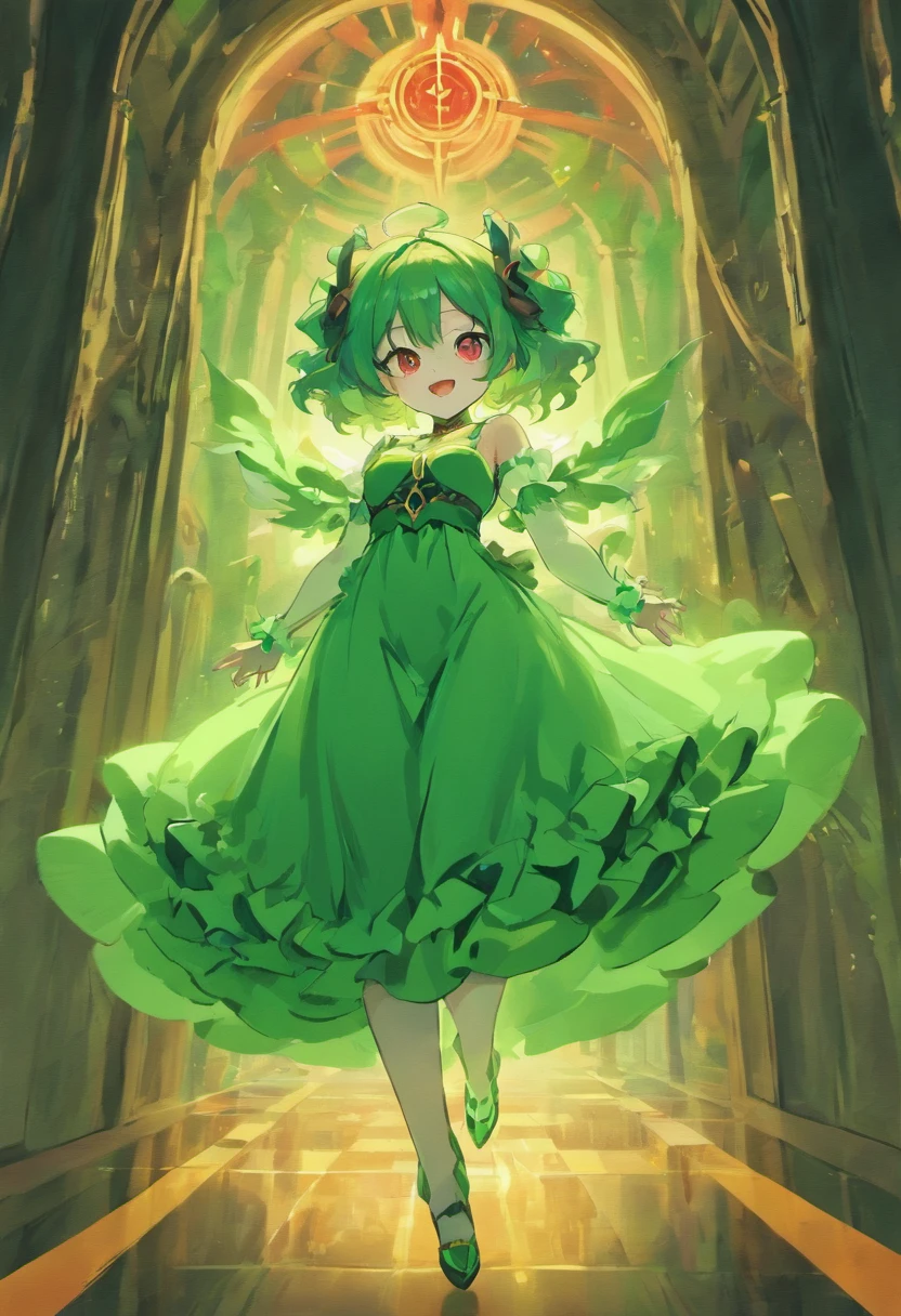 ((Masterpiece)), (Best Quality), ((Super Detail)), Illustration, ((Very Delicate and Beautiful)), ((solo)), Dynamic Angle, Looking back at viewer, anime moe artstyle, (enigmatic and cunning), ((Crimson red eyes)), ((Deep forest green hair)), (bob cut hair), ((Twin pitch black demon horns)), (otherworldly), exceptionally beautiful, ((plump)), big breasts, (curvy), ((voluptuous)), (ethereal spirit), ((velvet green dress), (flowing ruffled dress), (Green Dress with Red trim), (Contrasting Red and Green), (gorgeous Blue necklace jewelry), (predatory smile), (high quality), volumetric lighting, ((spiritual plane)), ((((ethereal background)))), Ethereal Heavenly halls background
