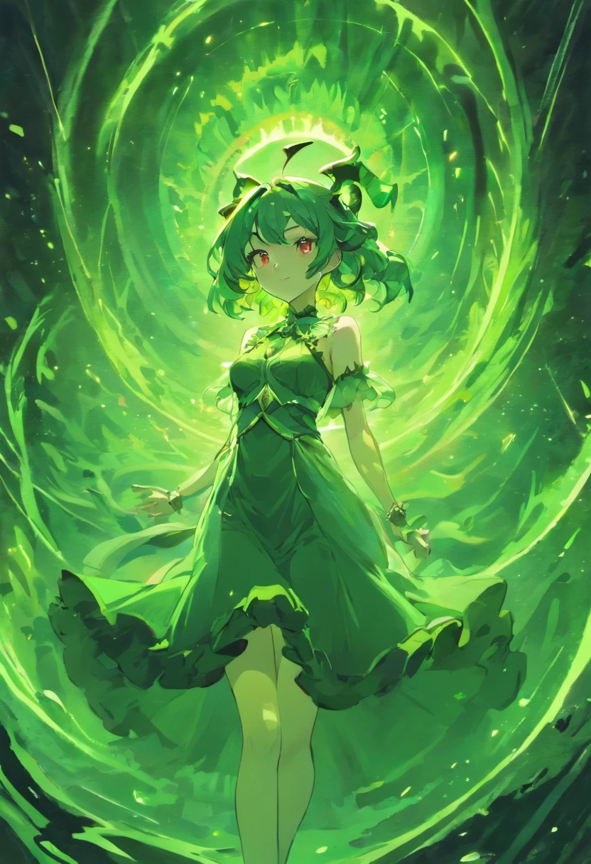 ((Masterpiece)), (Best Quality), ((Super Detail)), Illustration, ((Very Delicate and Beautiful)), ((solo)), Dynamic Angle, Looking back at viewer, anime moe artstyle, (enigmatic and cunning), ((Crimson red eyes)), ((Deep forest green hair)), (bob cut hair), ((Twin pitch black demon horns)), (otherworldly), exceptionally beautiful, ((plump)), big breasts, (curvy), ((voluptuous)), (ethereal spirit), ((velvet green dress), (flowing ruffled dress), (Green Dress with Red trim), (Contrasting Red and Green), (gorgeous Blue necklace jewelry), (predatory smile), (high quality), volumetric lighting, ((spiritual plane)), ((((ethereal background)))), Ethereal Heavenly halls background